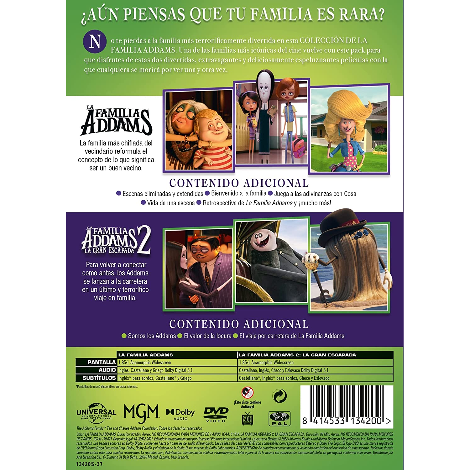 La contraportada del DVD de The Addams Family 2. Presenta personajes de la película.