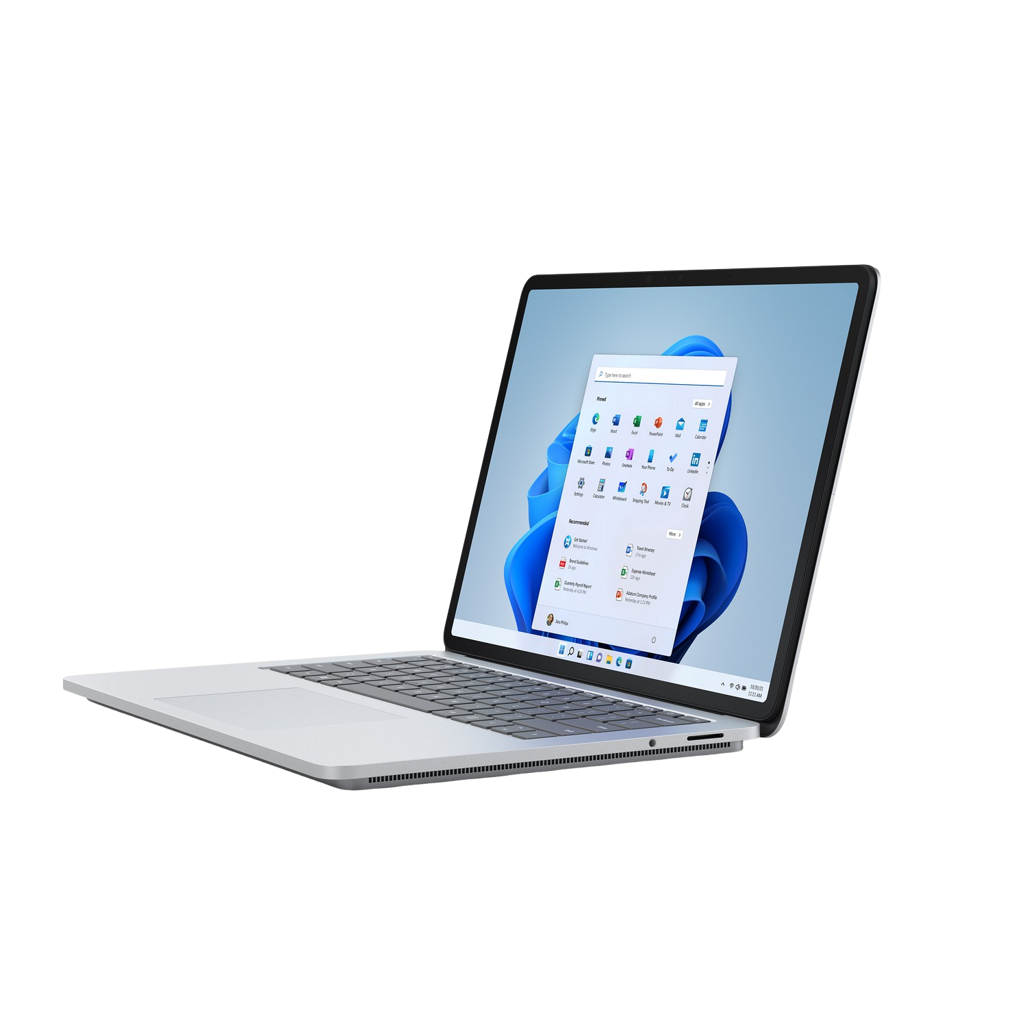 Un portátil plateado con la interfaz de Windows 11 abierta, sobre un fondo negro.