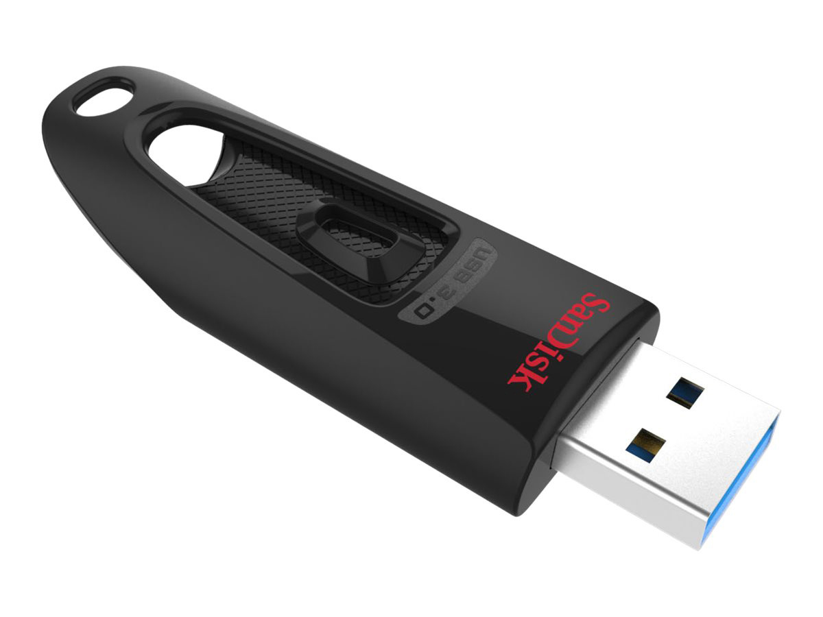 Ein schwarzer USB-Stick mit roter SanDisk-Aufschrift. Der Stick hat einen blauen USB 3.0.