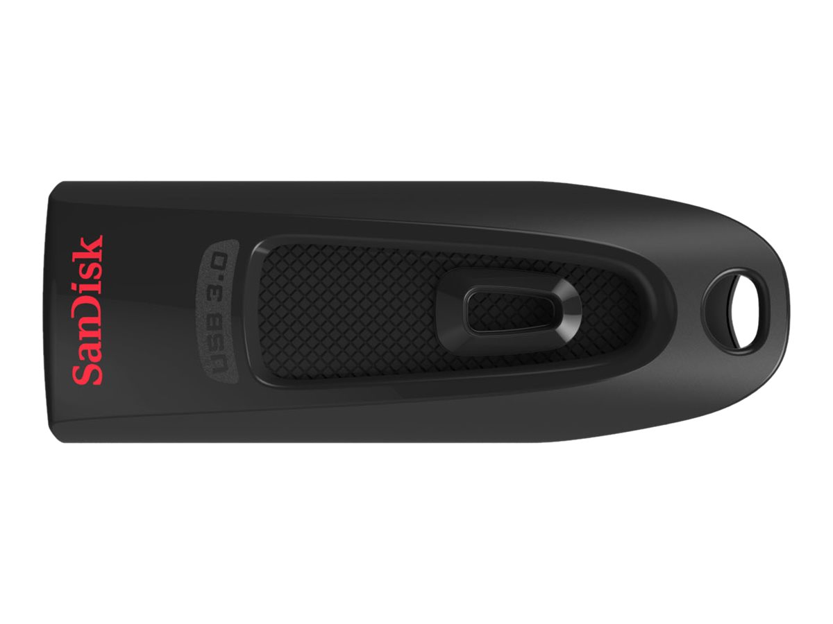 Schwarzer Sandisk USB-Stick mit rotem Logo auf weißem Hintergrund.