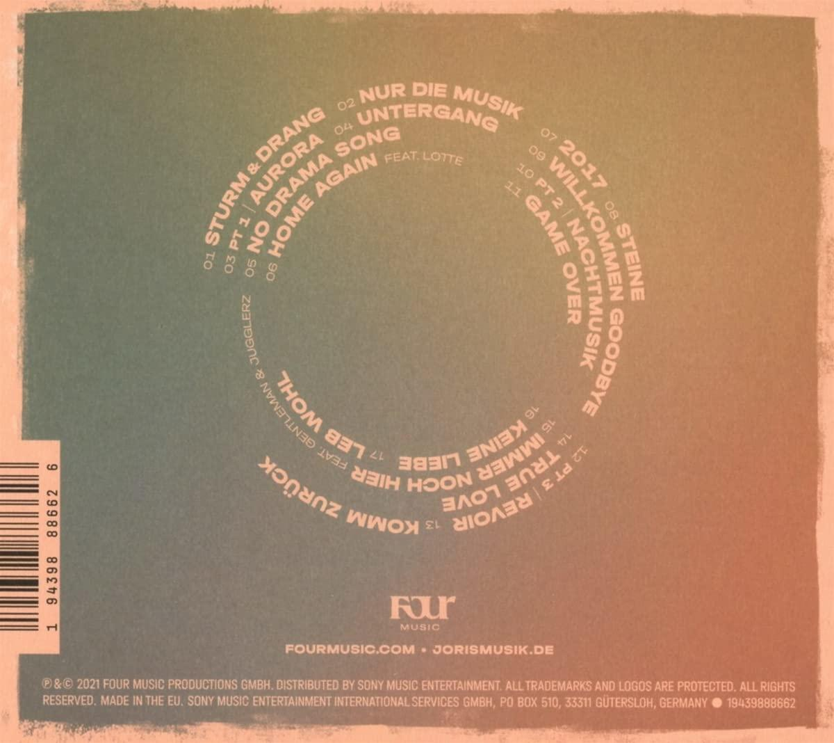CD-Rückseite mit Titelliste und Text auf einem Farbverlaufhintergrund. Das Logo links unten.