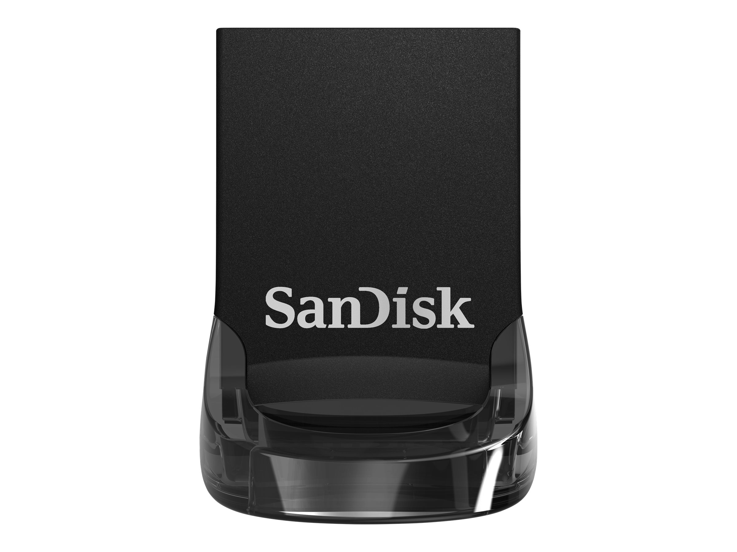 Schwarzer Sandisk USB-Stick. Transparente Kunststoffbasis. Weißes Sandisk-Logo.