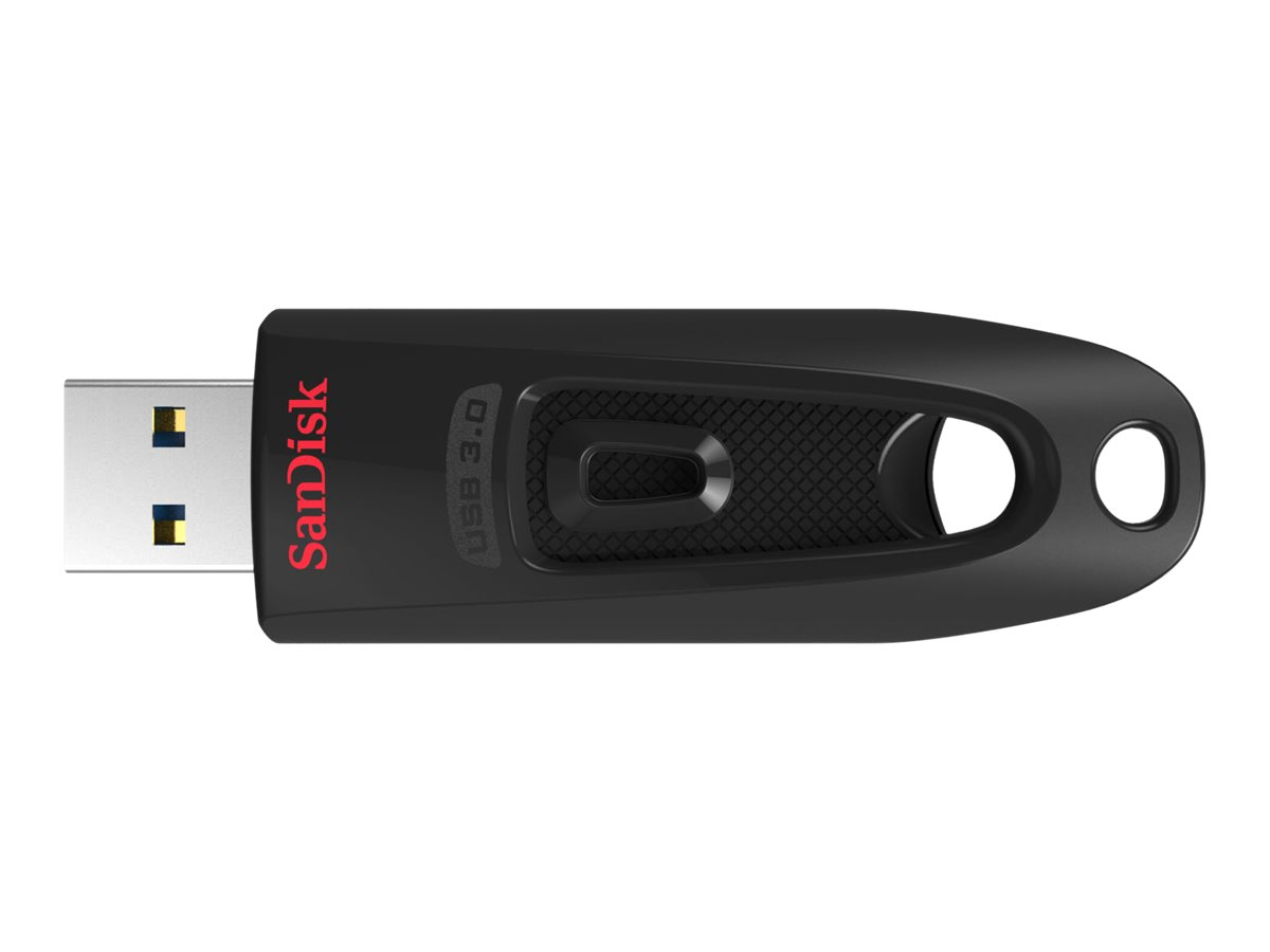 Schwarzes und rotes SanDisk USB-Laufwerk. Es zeigt das USB 3.0 Logo auf der Oberfläche.