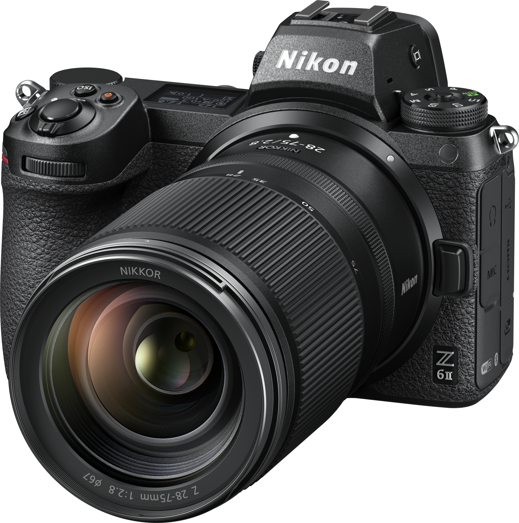 Schwarze Nikon-Kamera mit Objektiv und schwarzem Hintergrund.