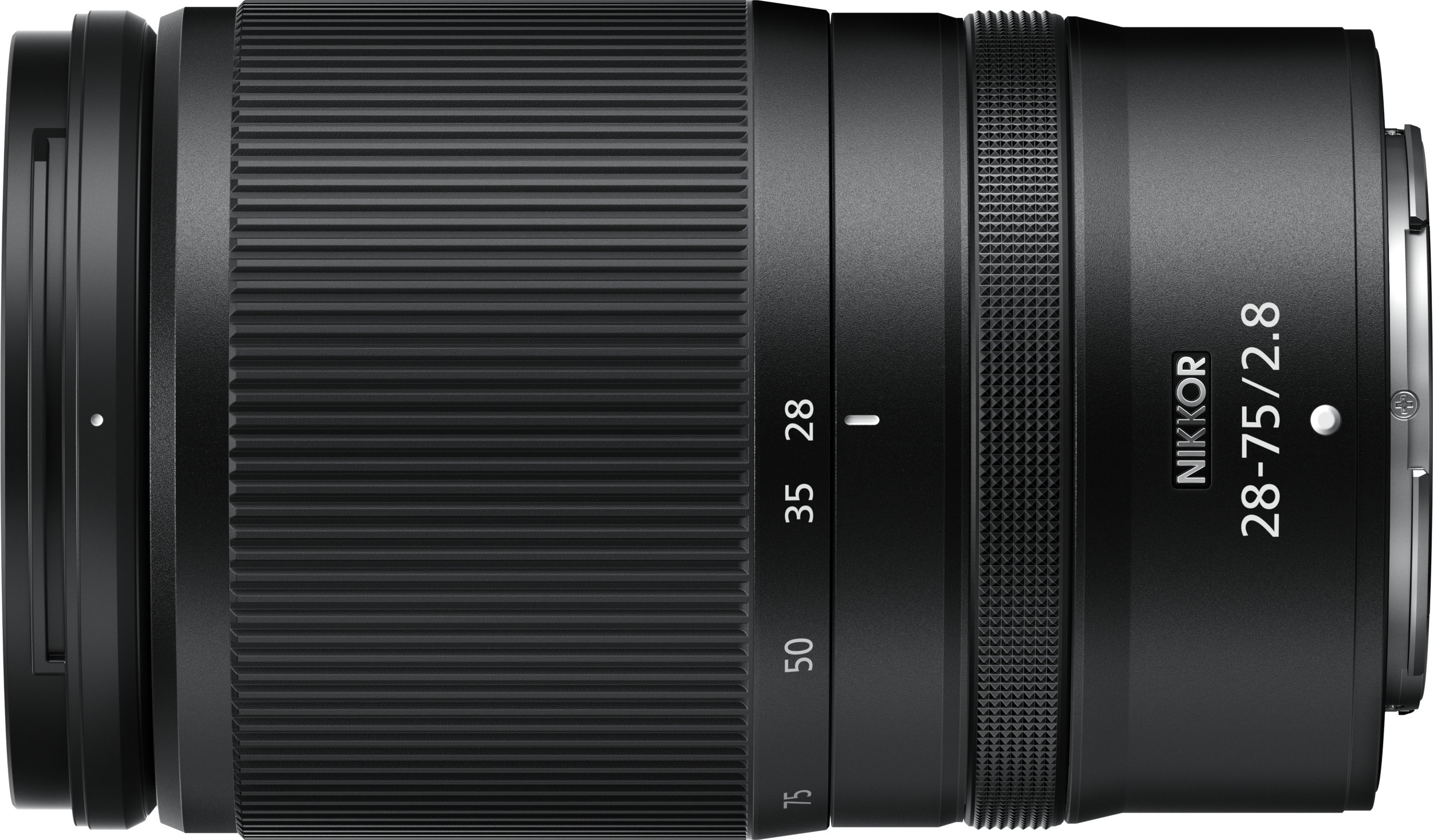 Schwarzes Nikon Nikkor 28-75mm f/2.8 Objektiv. Objektiv hat geriffelten Tubus und Fokusentfernungsmarkierungen.