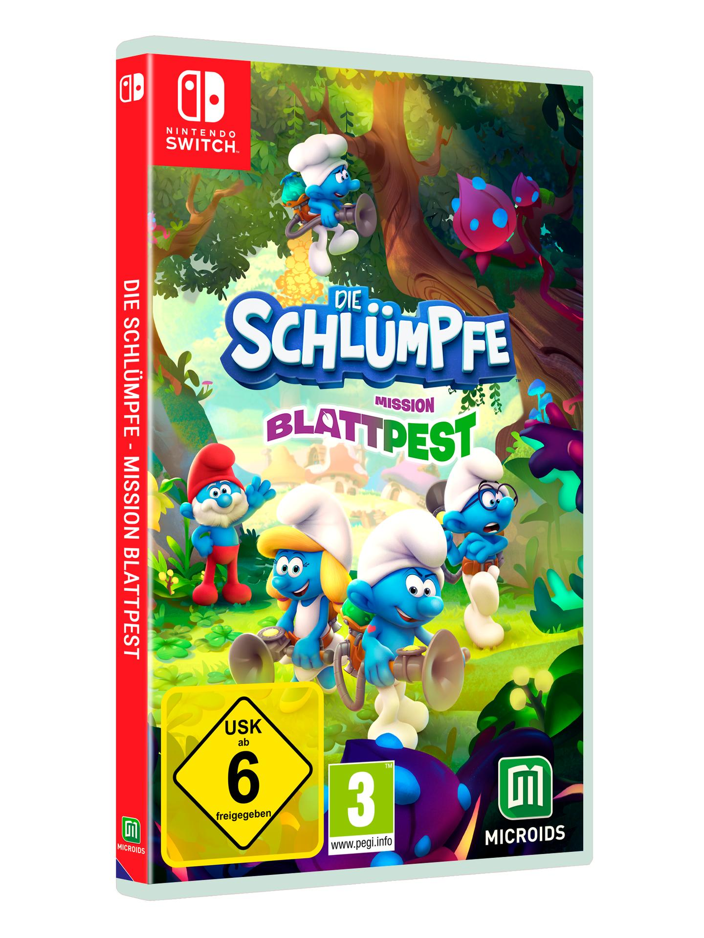 Spielhülle mit Schlümpfen auf dem Cover. Titel: Die Schlümpfe - Mission Blattpest.