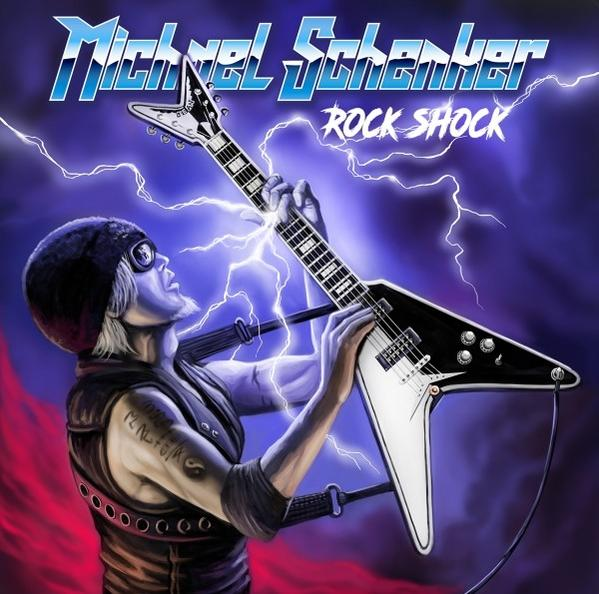 Album borító: Michael Schenker, Rock Shock, egy V alakú gitáron játszó férfi képe, villámok.