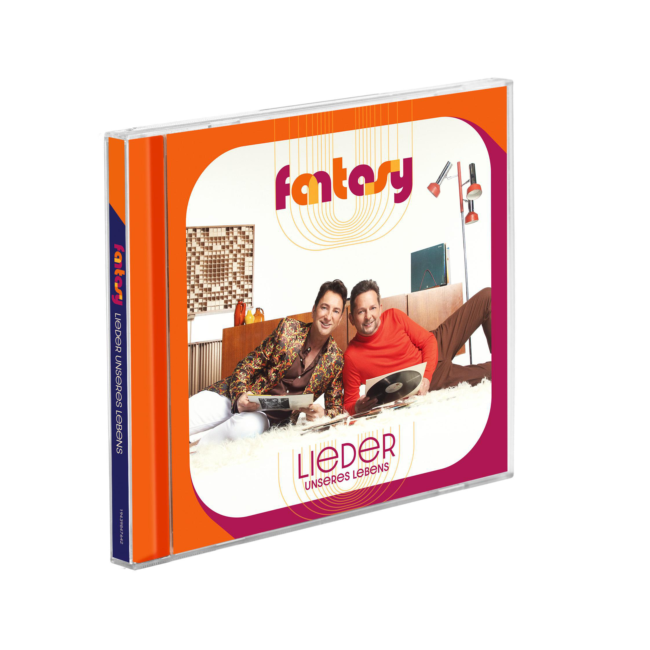 CD-Hülle mit zwei Personen auf dem Cover. Titel 'Lieder unseres Lebens'. Orange- und Lila-Design.