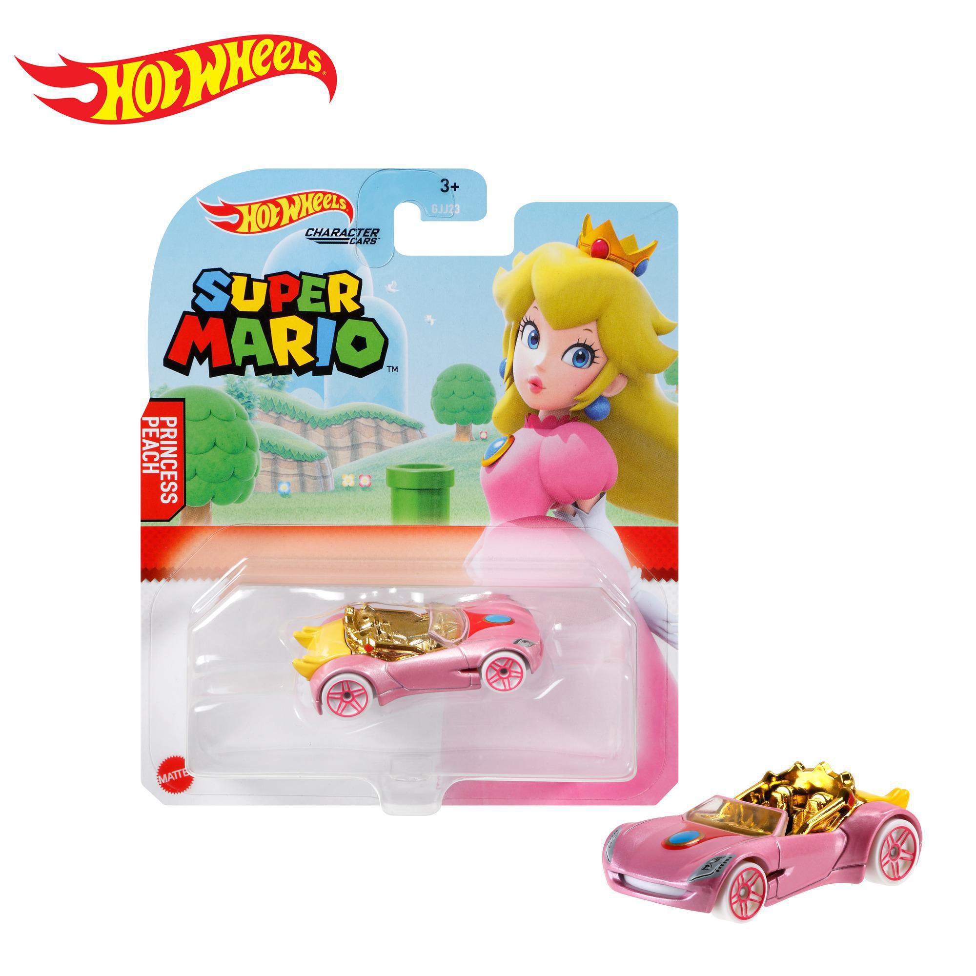 Hot Wheels Spielzeugset mit Prinzessin Peach in einem rosa Auto. Die Verpackung zeigt das Auto, Prinzessin Peach und das Super Mario Logo.