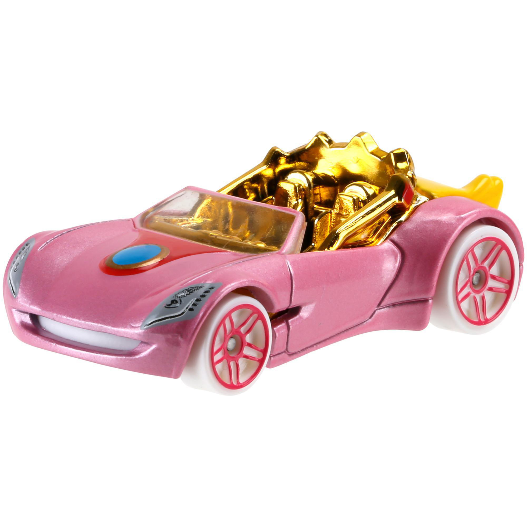 Ein rosa Spielzeugauto mit goldenen Akzenten und weißen Rädern mit roten Details auf weißem Grund.