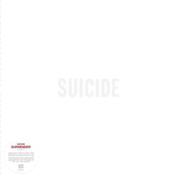 Albumcover. Weißer Hintergrund mit dem Bandnamen SUICIDE in der Mitte. Ein kleiner Aufkleber befindet sich in der unteren linken Ecke.
