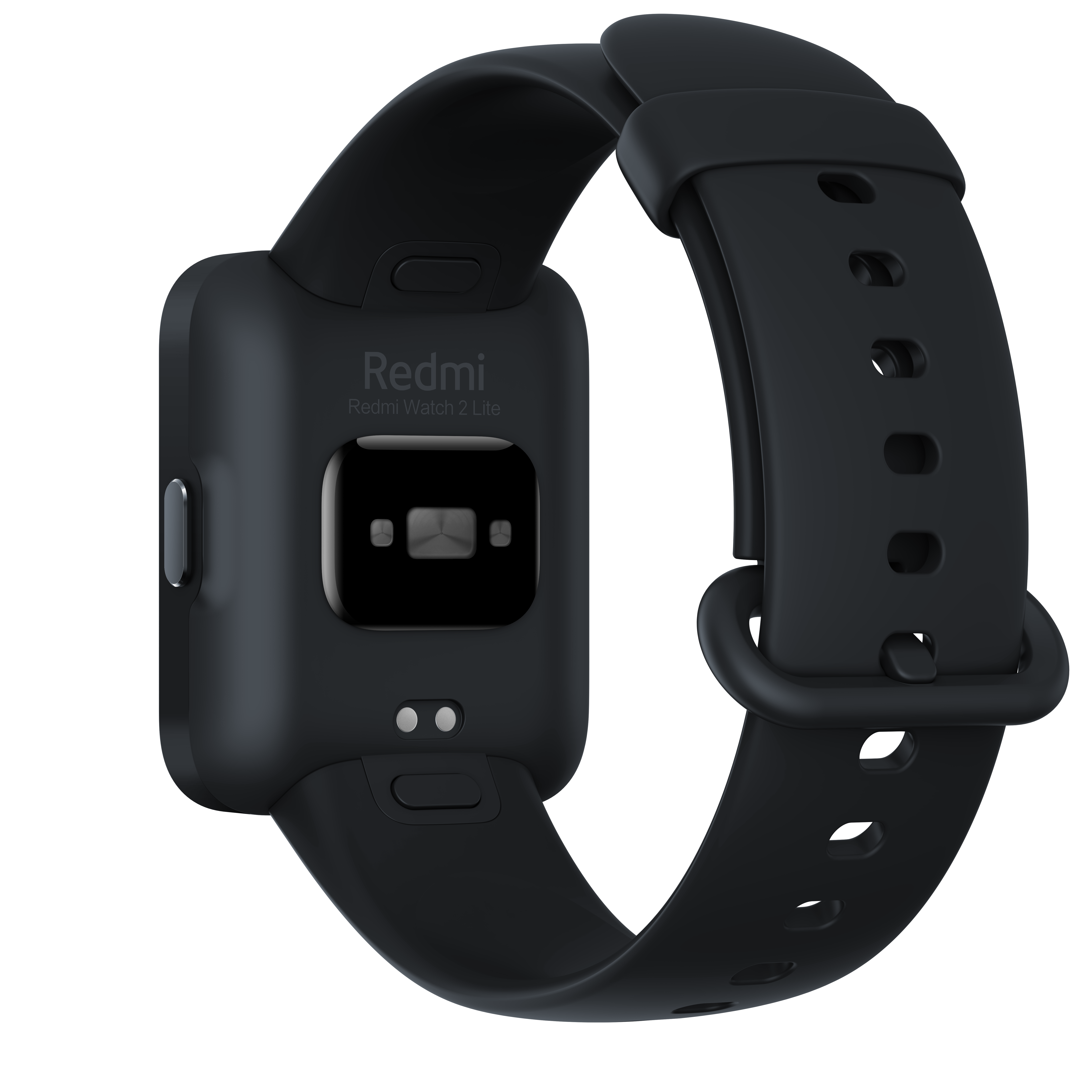 Zwarte Redmi Watch 2 Lite smartwatch op een zwarte achtergrond. De achterkant toont sensoren en tekst.