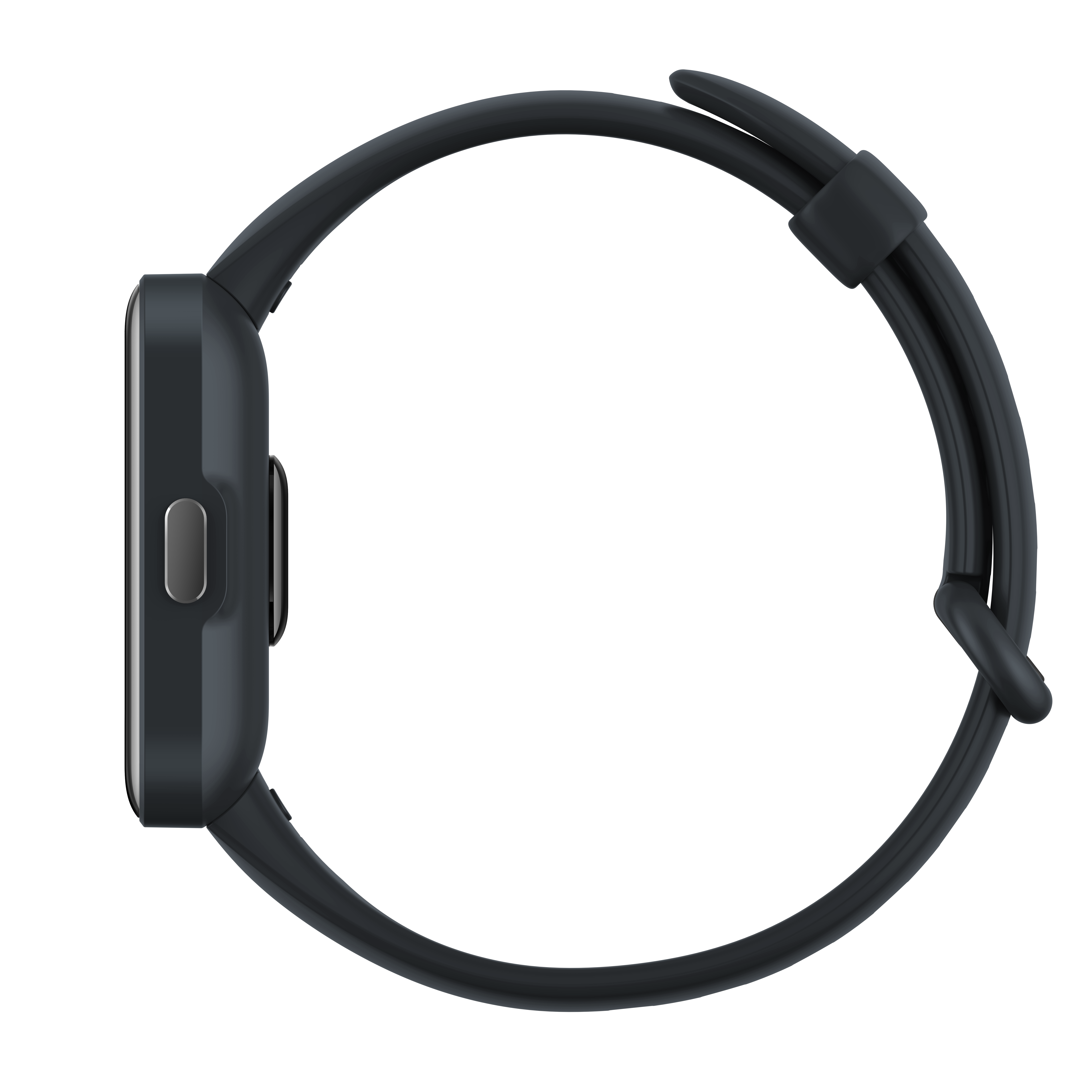 Zwarte smartwatch, zijaanzicht, zwarte achtergrond.