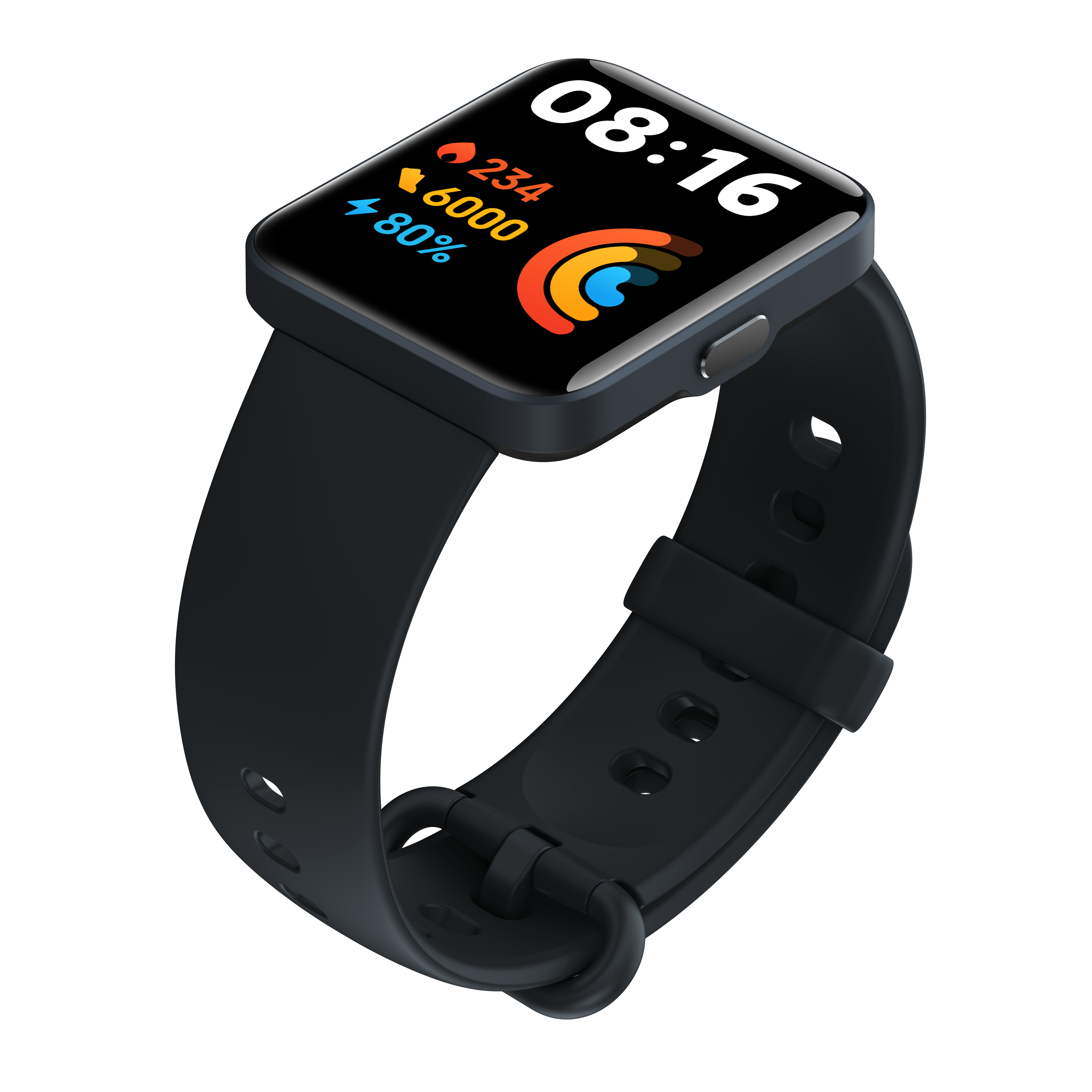 Een zwarte smartwatch met een zwarte band, die tijd, stappen en batterij toont.