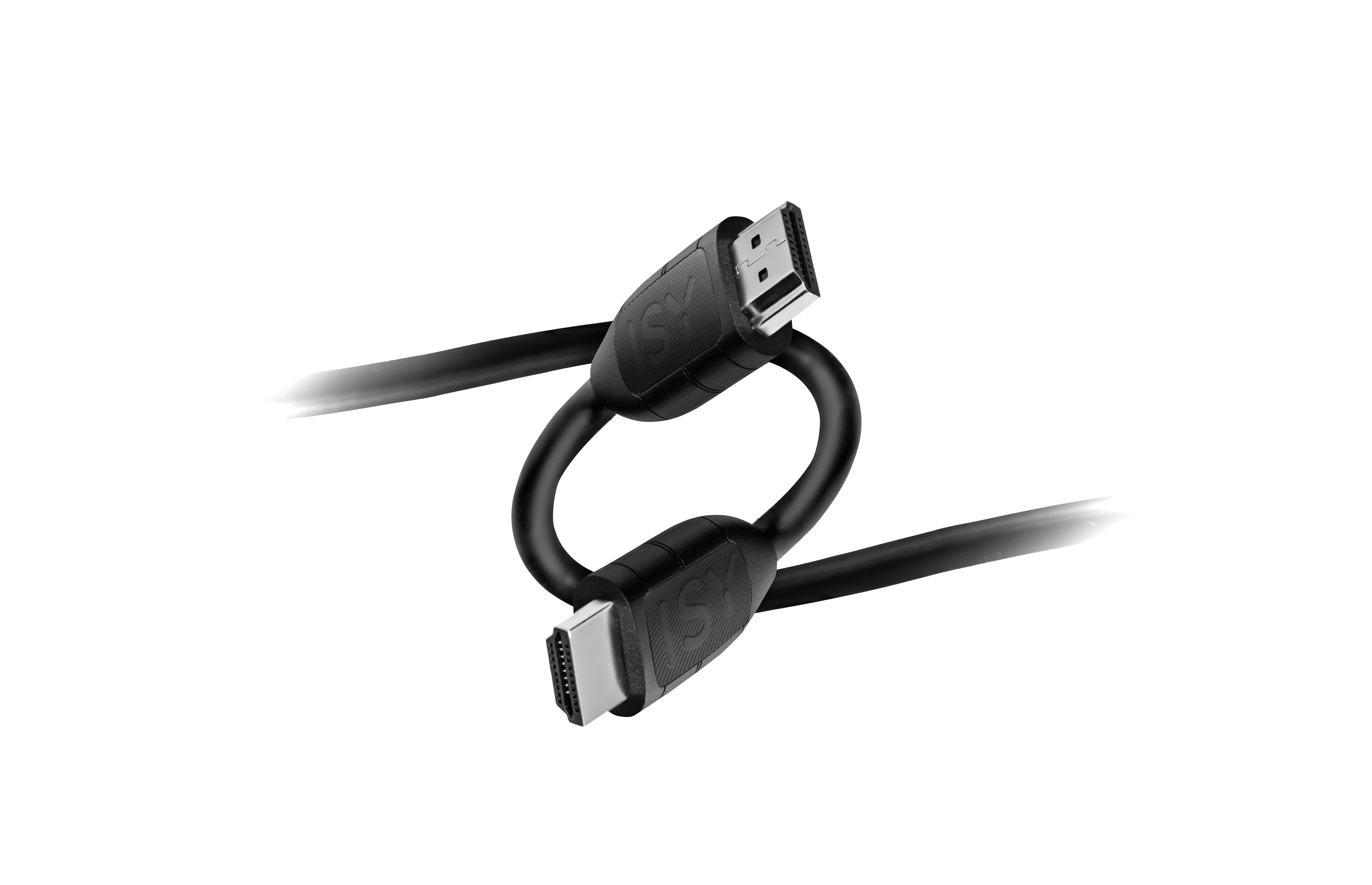 Zwei schwarze HDMI-Kabel miteinander verflochten. Sie befinden sich auf weißem Hintergrund.