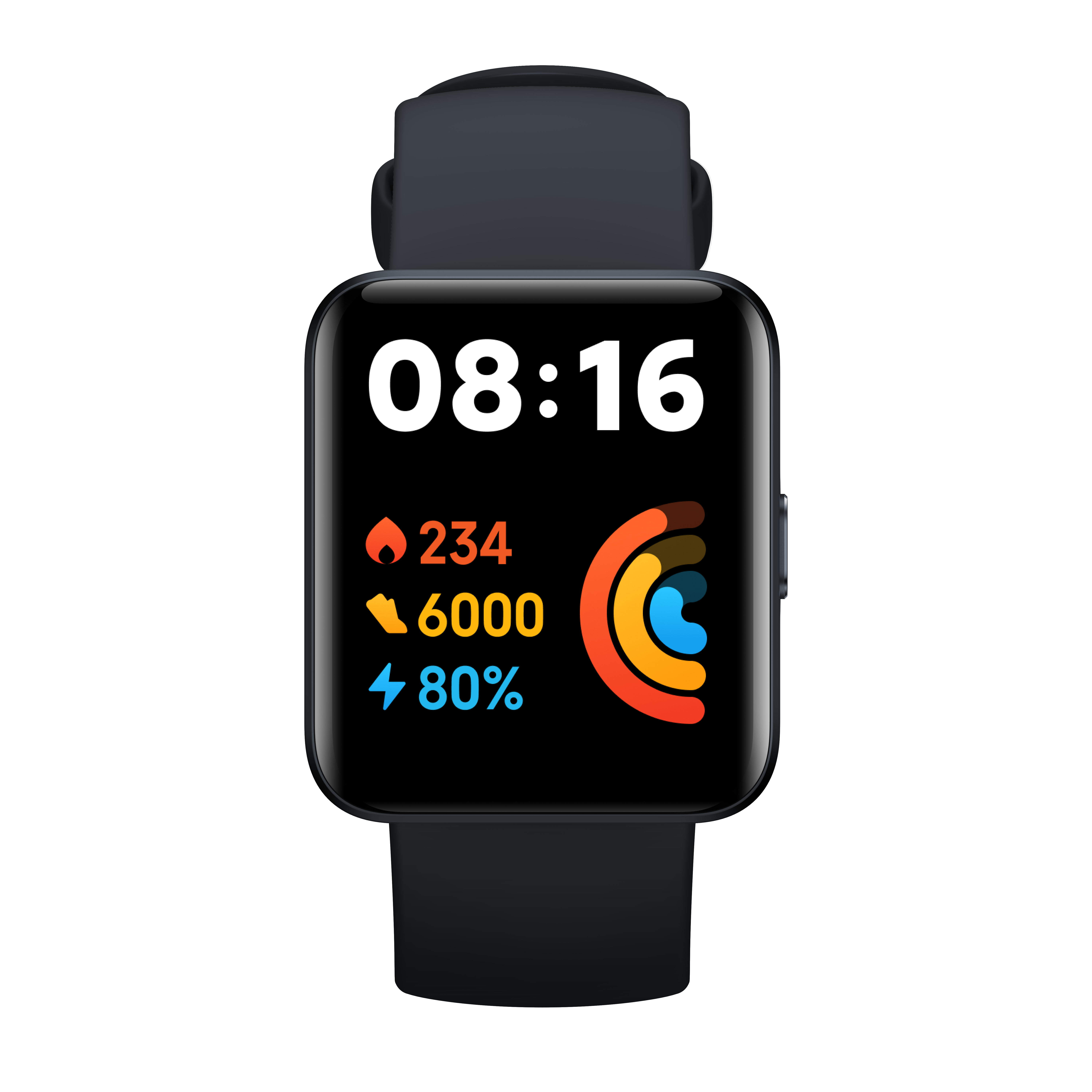 Een zwarte Xiaomi smartwatch met een vierkant scherm dat tijd, gezondheid en batterijstatistieken weergeeft.