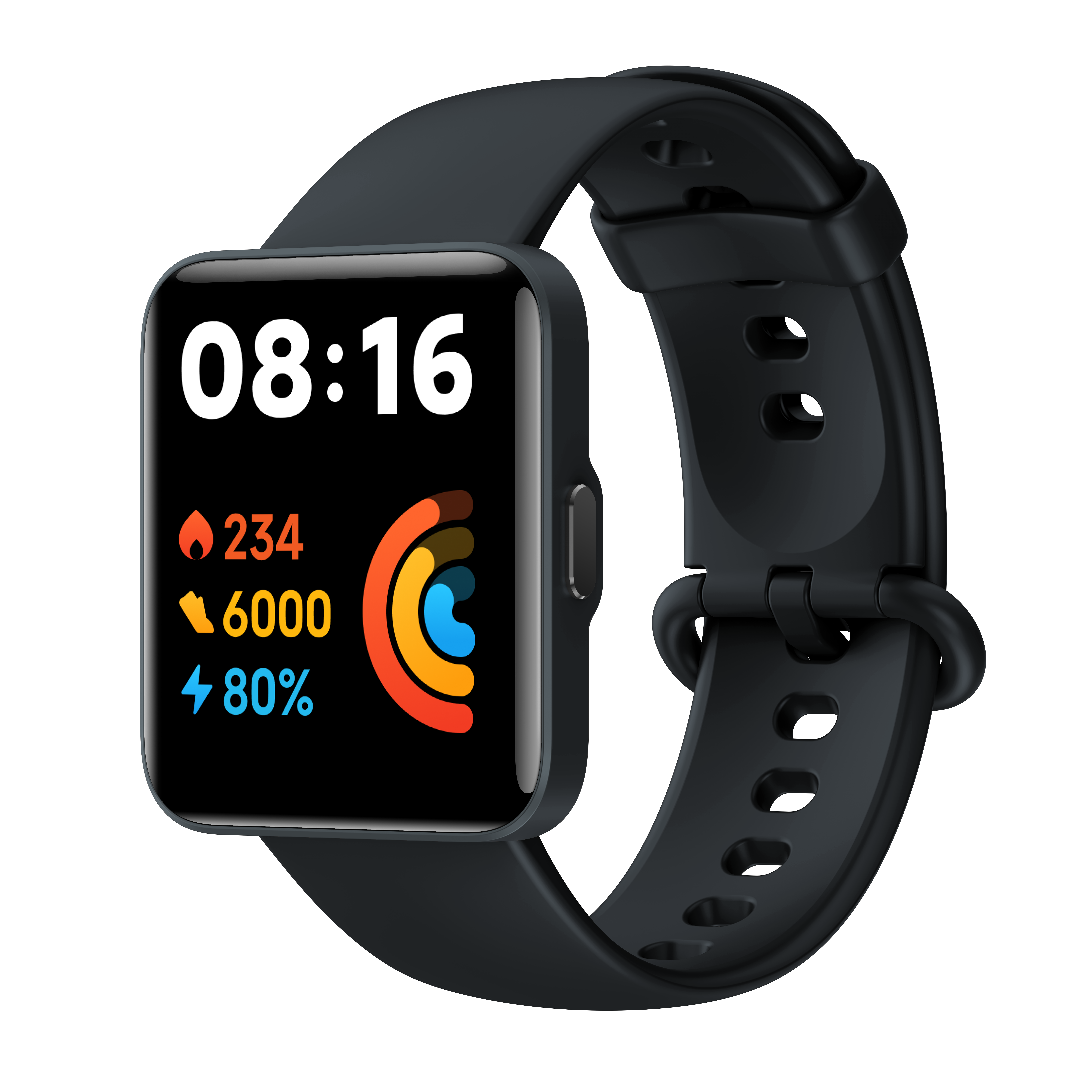 Een zwart slim horloge met een vierkant scherm. Het toont de tijd, activiteitvoortgang en batterijniveau.