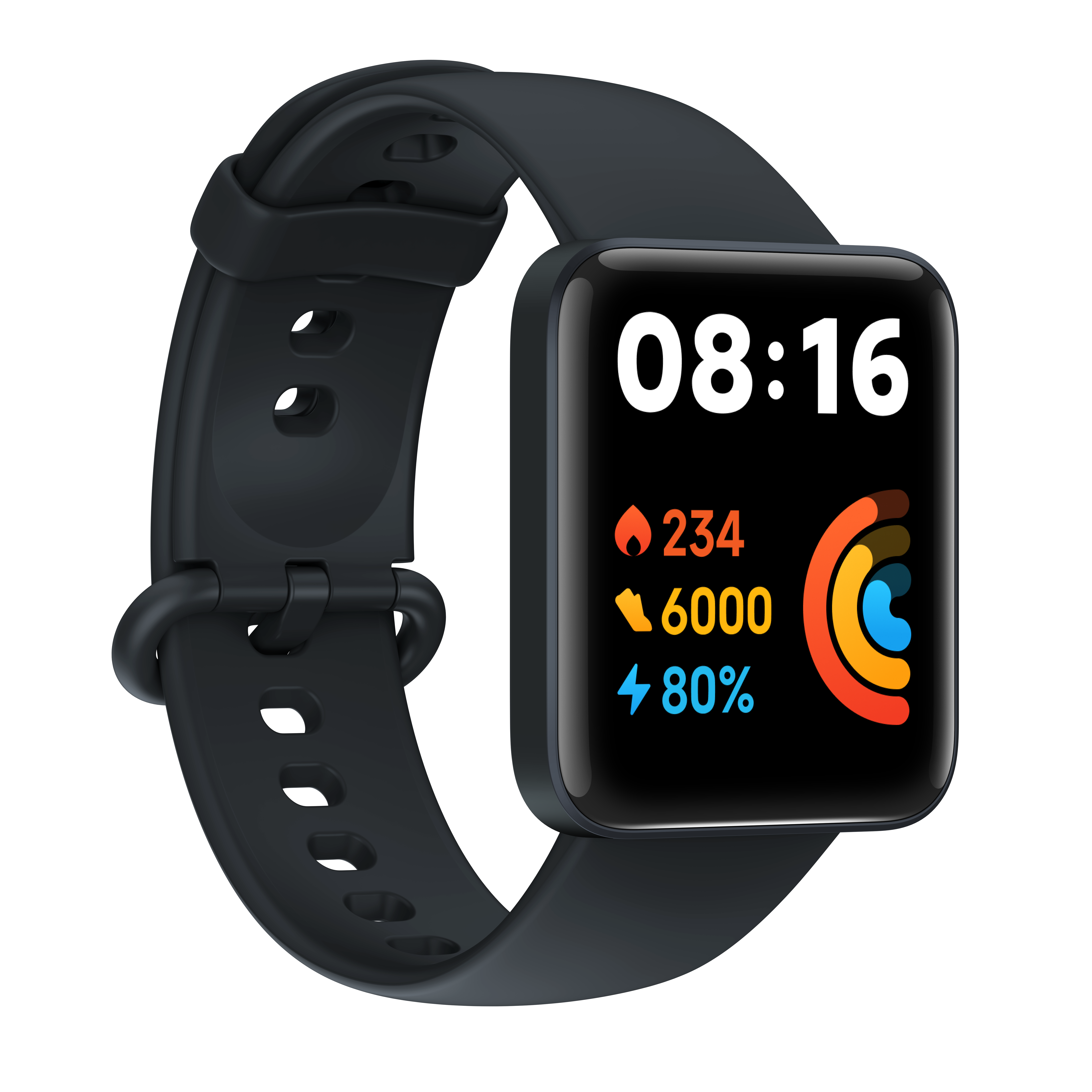 Zwarte smartwatch met zwarte band die tijd en activiteit meet op een vierkant scherm.