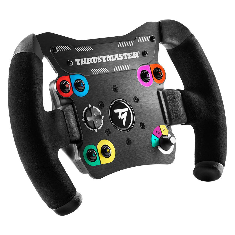 Schwarzes Rennlenkrad mit farbigen Knöpfen und Schaltwippen. Thrustmaster-Logo. Isoliert auf Weiß.