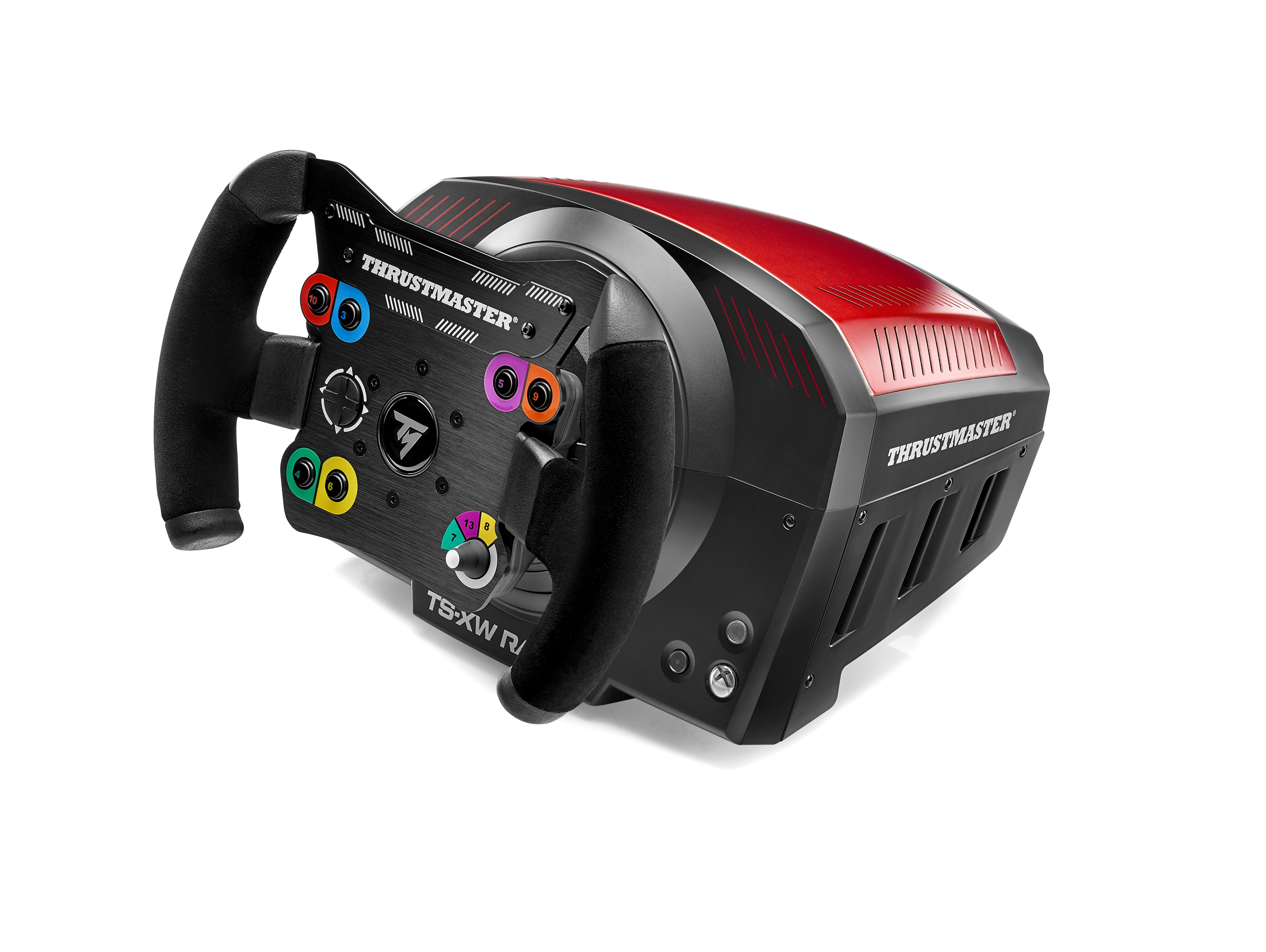 Thrustmaster-Rennlenkrad auf weißem Hintergrund. Schwarz mit roten Akzenten, Knöpfen und Schaltwippen.