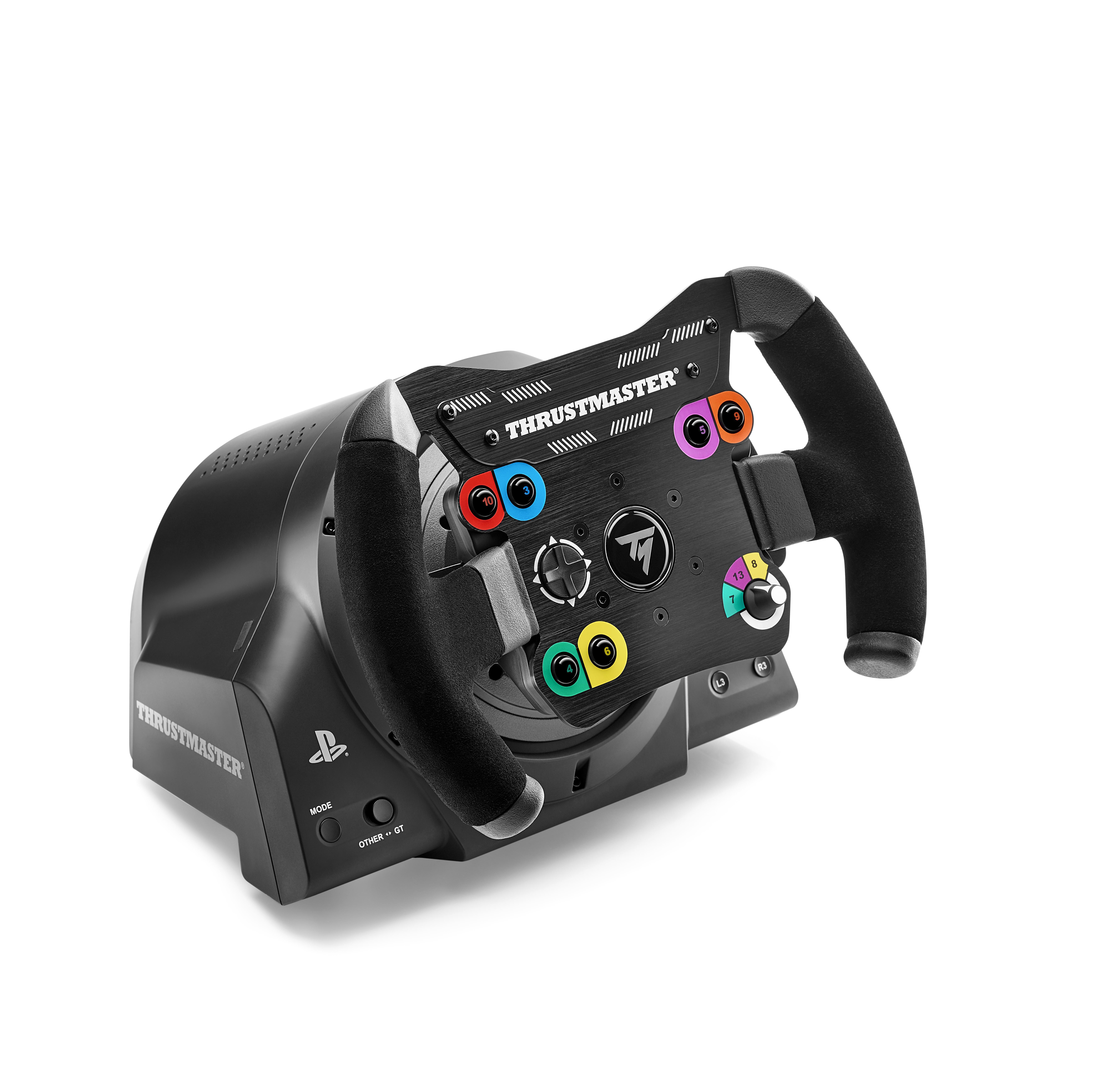 Schwarzes Thrustmaster-Rennlenkrad mit Knöpfen und Paddles, vor weißem Hintergrund.