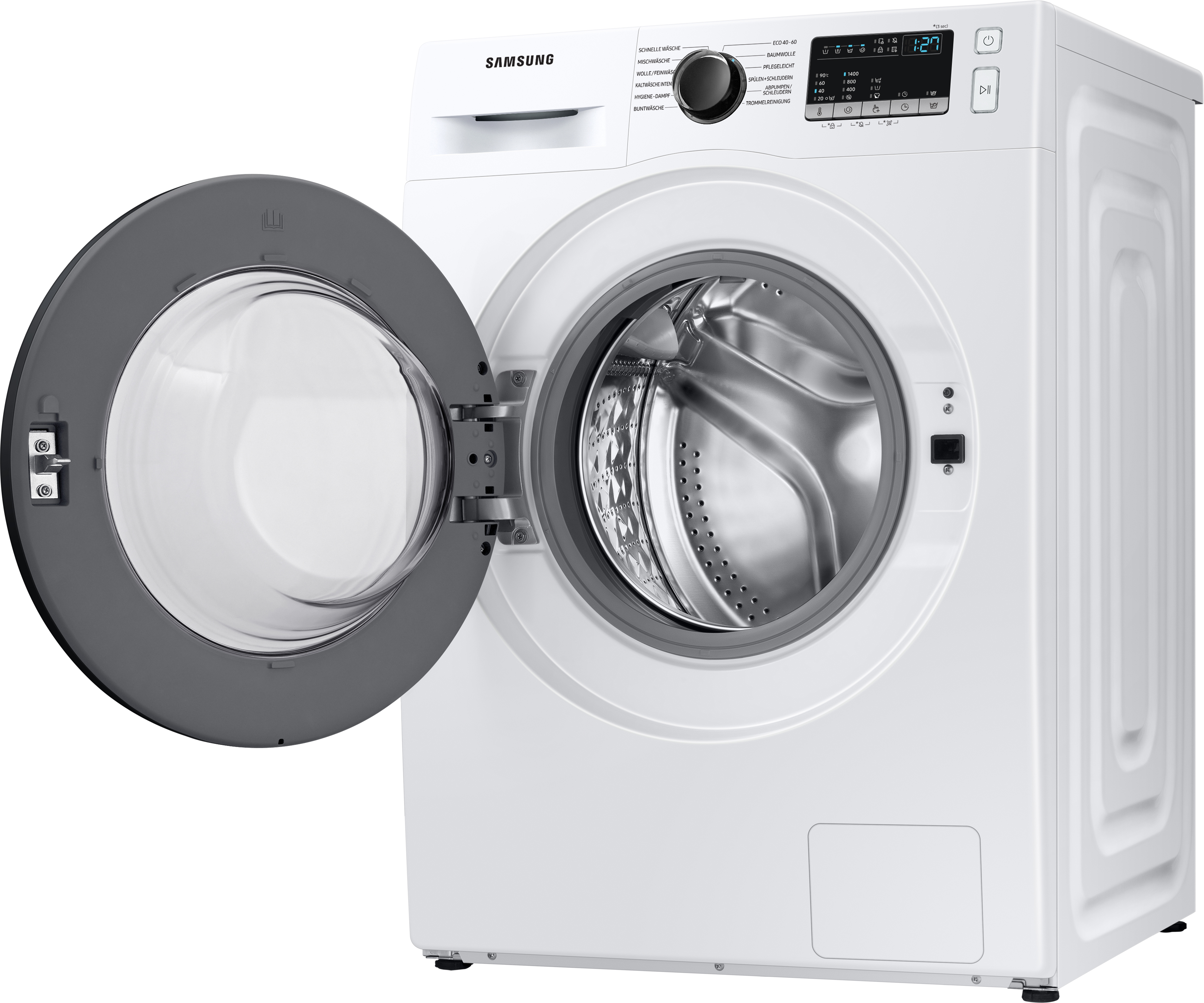 Weiße Waschmaschine mit geöffneter Tür, die Trommel und Bedienelemente zeigt.
