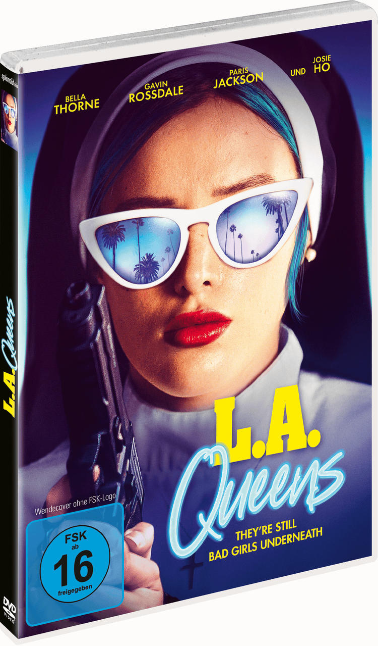 DVD-Cover von L.A. Queens. Eine Frau mit Sonnenbrille hält eine Waffe und eine Nonnentracht, mit Text.