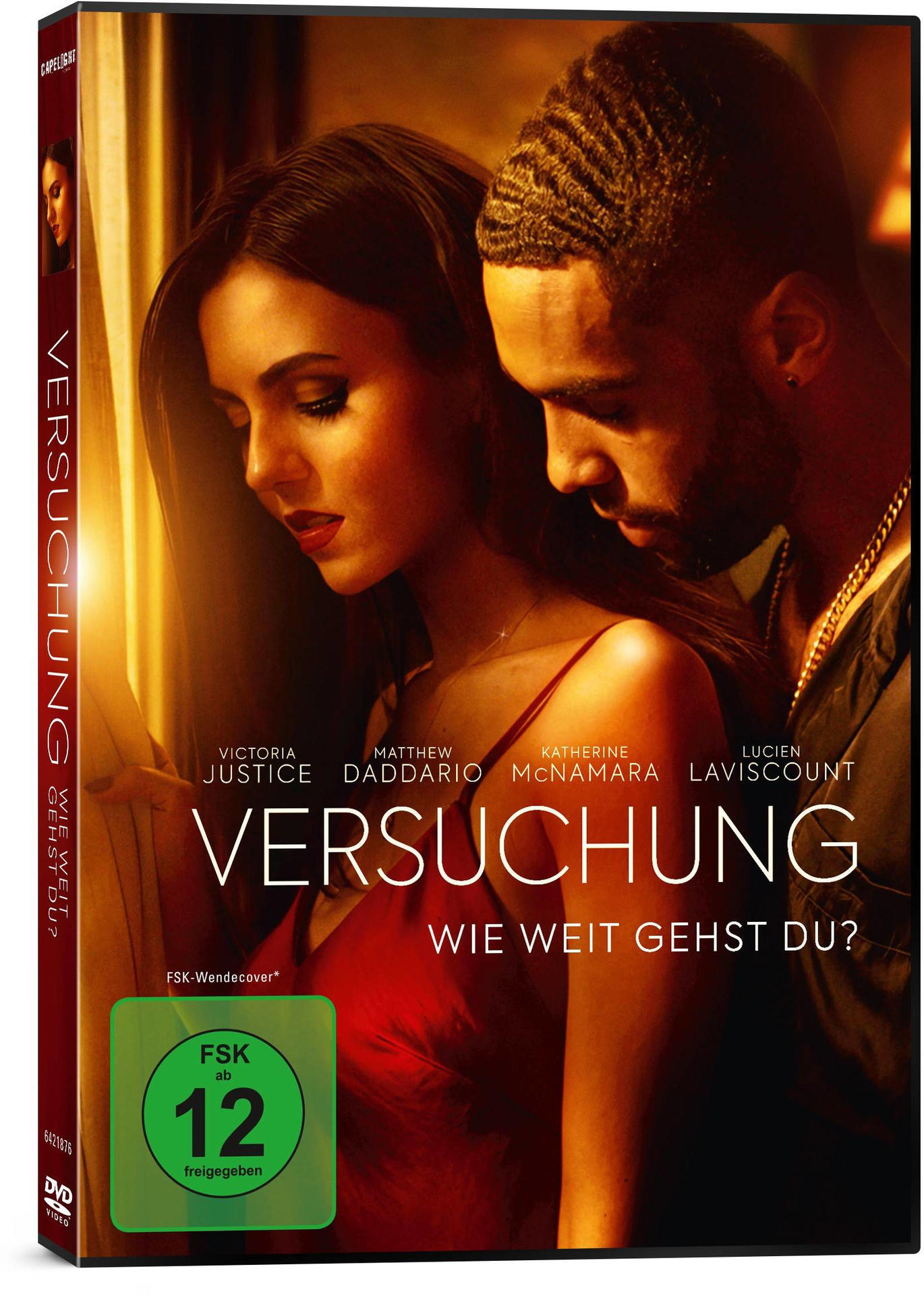 DVD-Hülle für 'Versuchung', mit Mann und Frau, Titeln und Schauspielernamen und einem grünen Altersaufkleber.