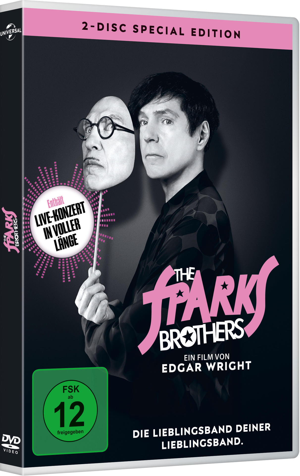 DVD-Cover von 'The Sparks Brothers' mit einem Mann, der eine Maske eines anderen Mannes hält.
