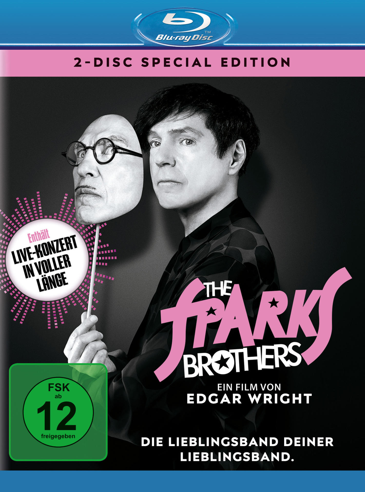 Blu-ray-Cover: Zwei Männer, einer hält eine Maske. Titel: 'The Sparks Brothers'. Mit grünem FSK-Logo.