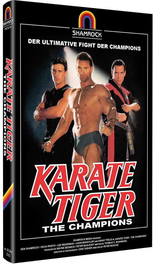 DVD-Box-Set mit drei Männern auf dem Cover, Titel: Karate Tiger. Schwarzer Hintergrund.