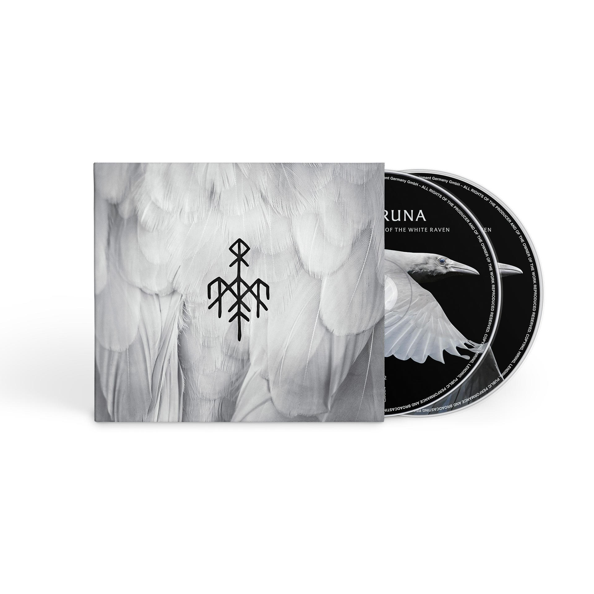 Albumcover mit weißen Federn und einem schwarzen Symbol.