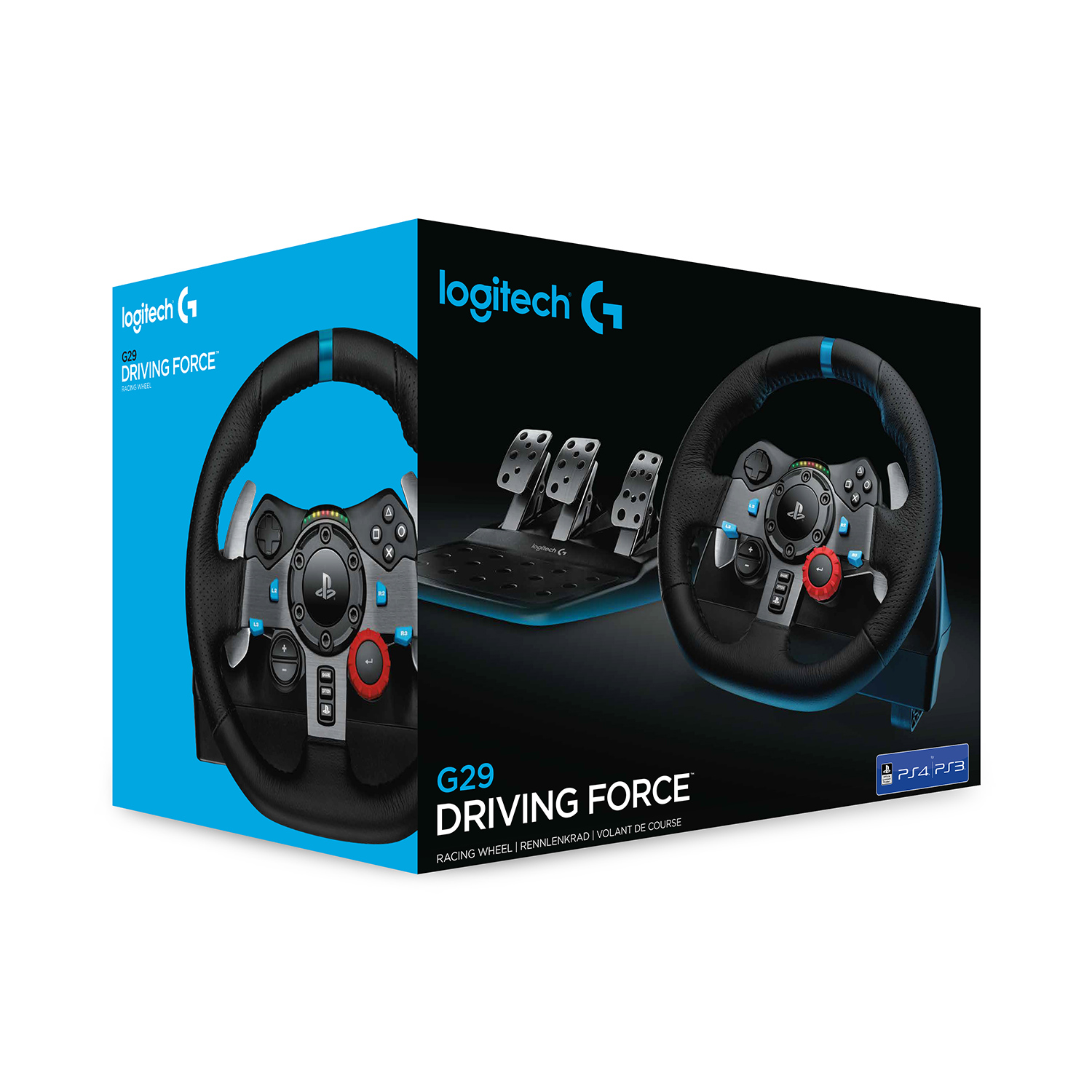 Logitech G29 Driving Force box. Steering wheel and pedals shown. Blue and black design.