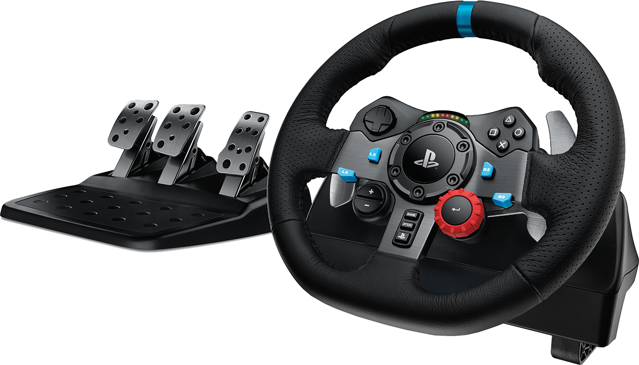 Gaming steering wheel and pedals. Black and blue colors. Includes buttons and a PlayStation logo.