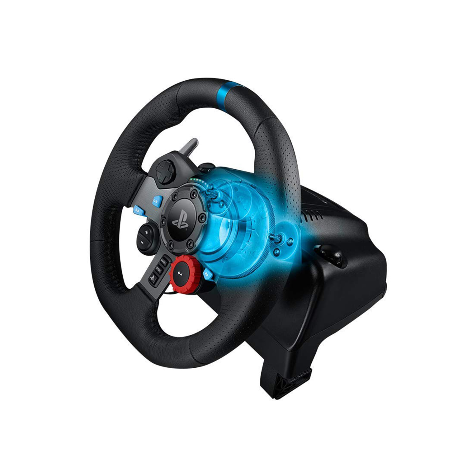 Black and blue gaming steering wheel with buttons and logos, bright blue light.