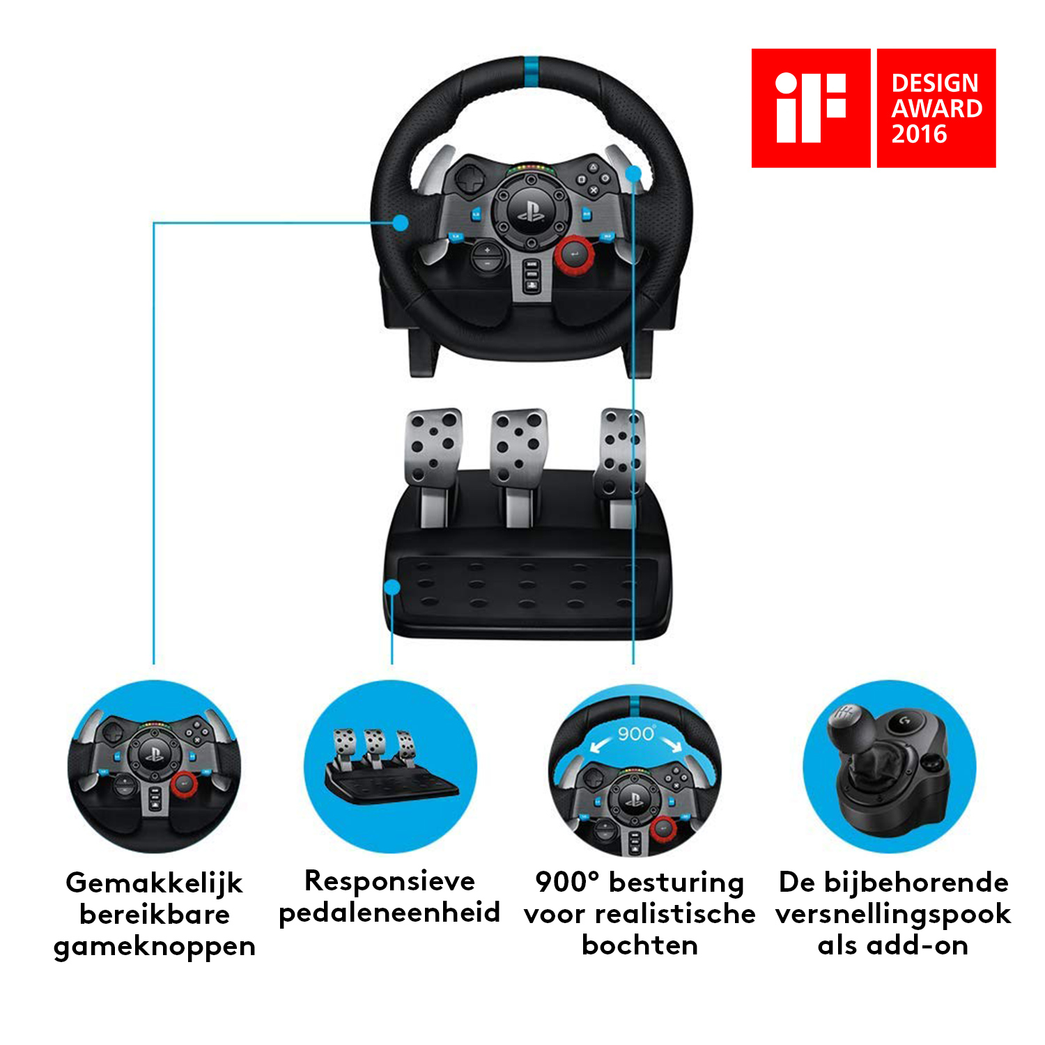 Gaming wheel with pedals and gearshift. Features buttons and a realistic turning radius.