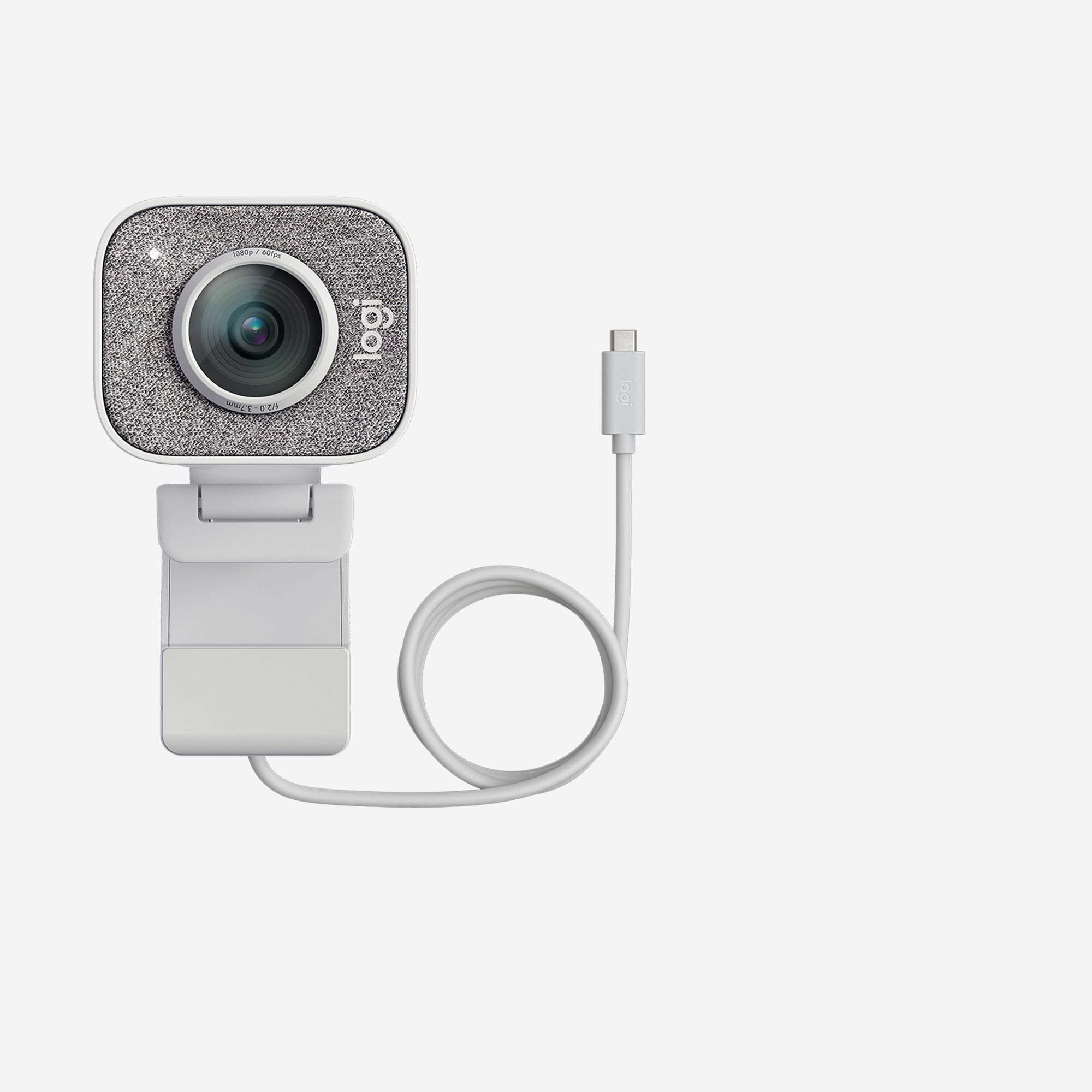 White webcam with a gray fabric cover and a white cable.