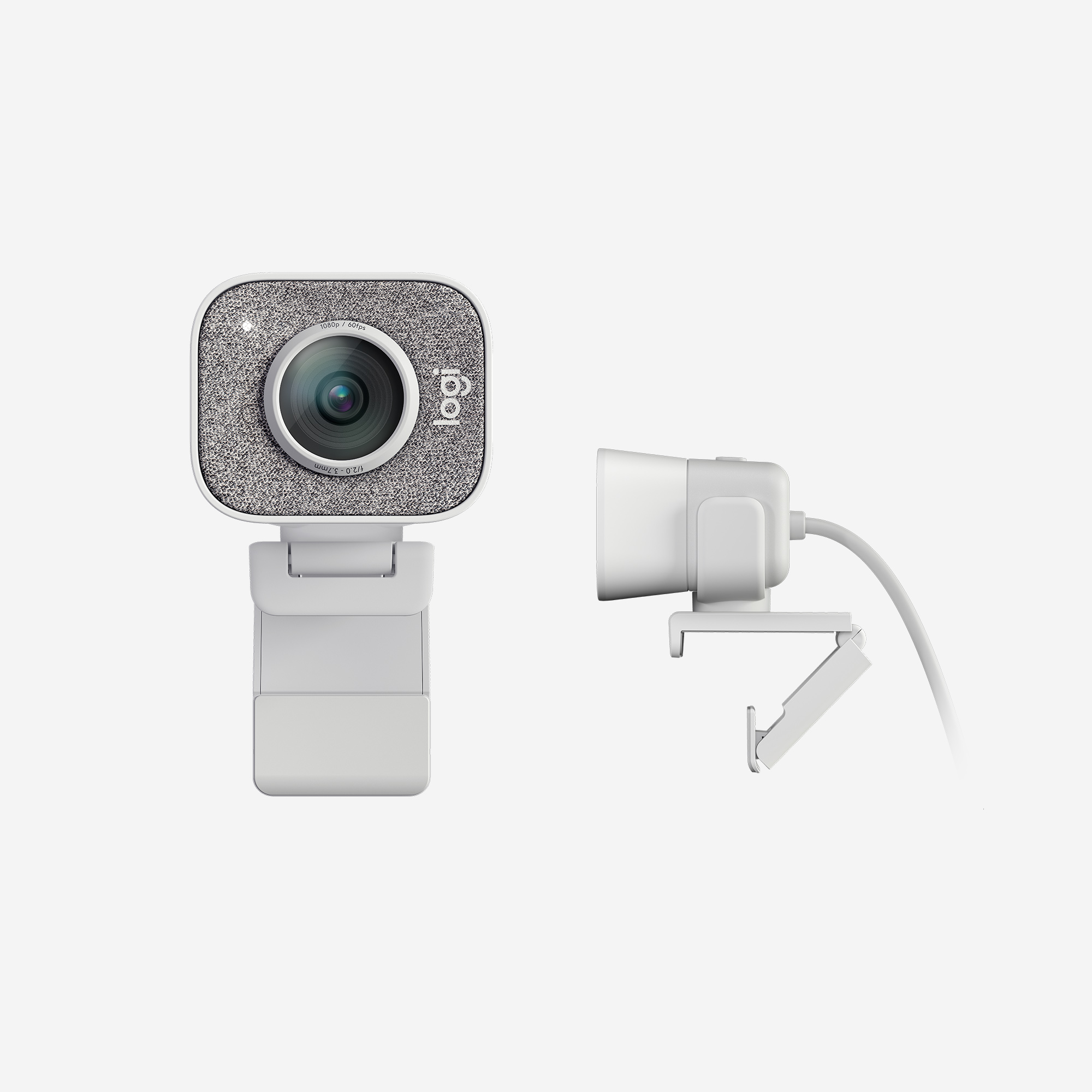 A white webcam with a gray fabric front and a clip. The design is simple and modern.