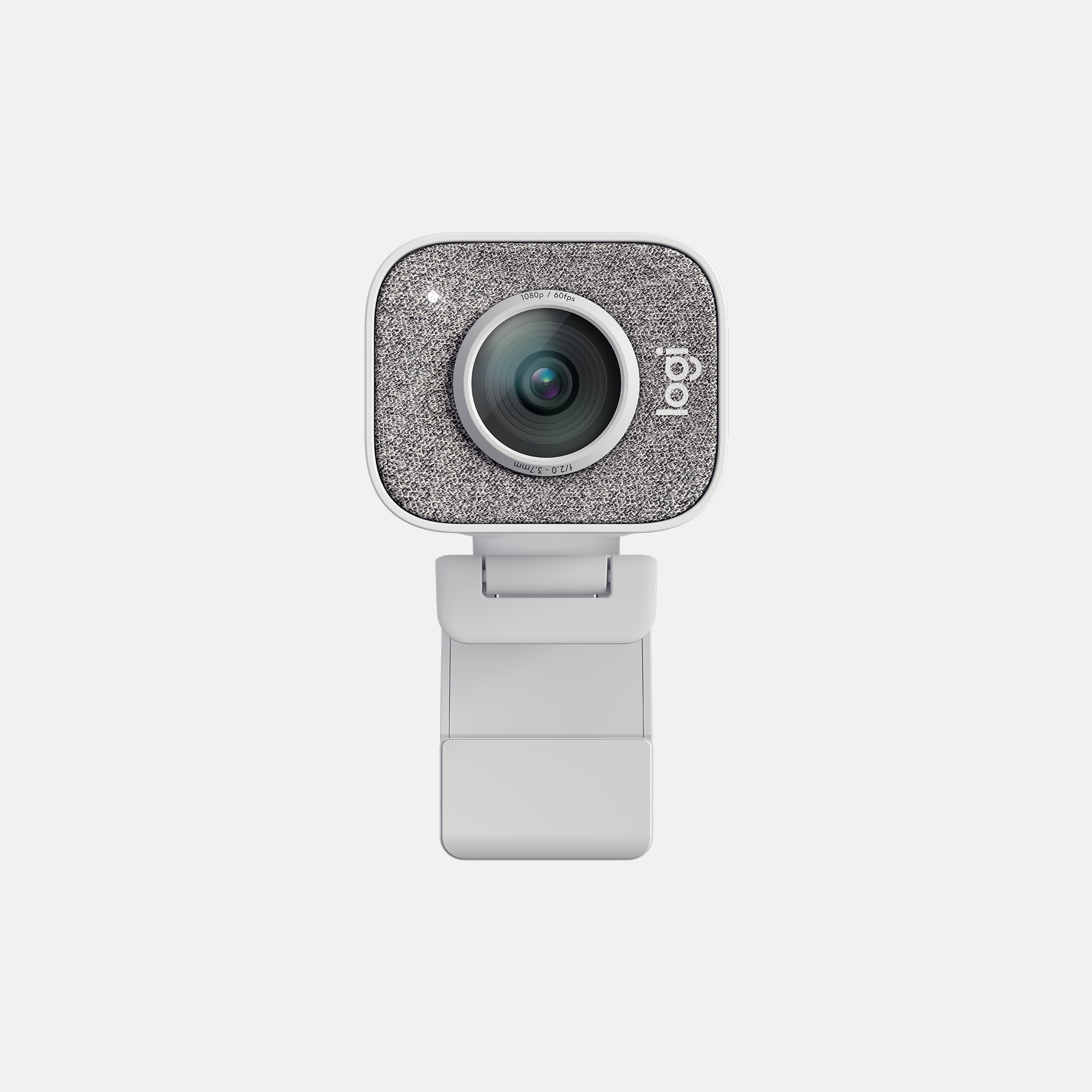 A webcam. It has a grey fabric front and a white stand.