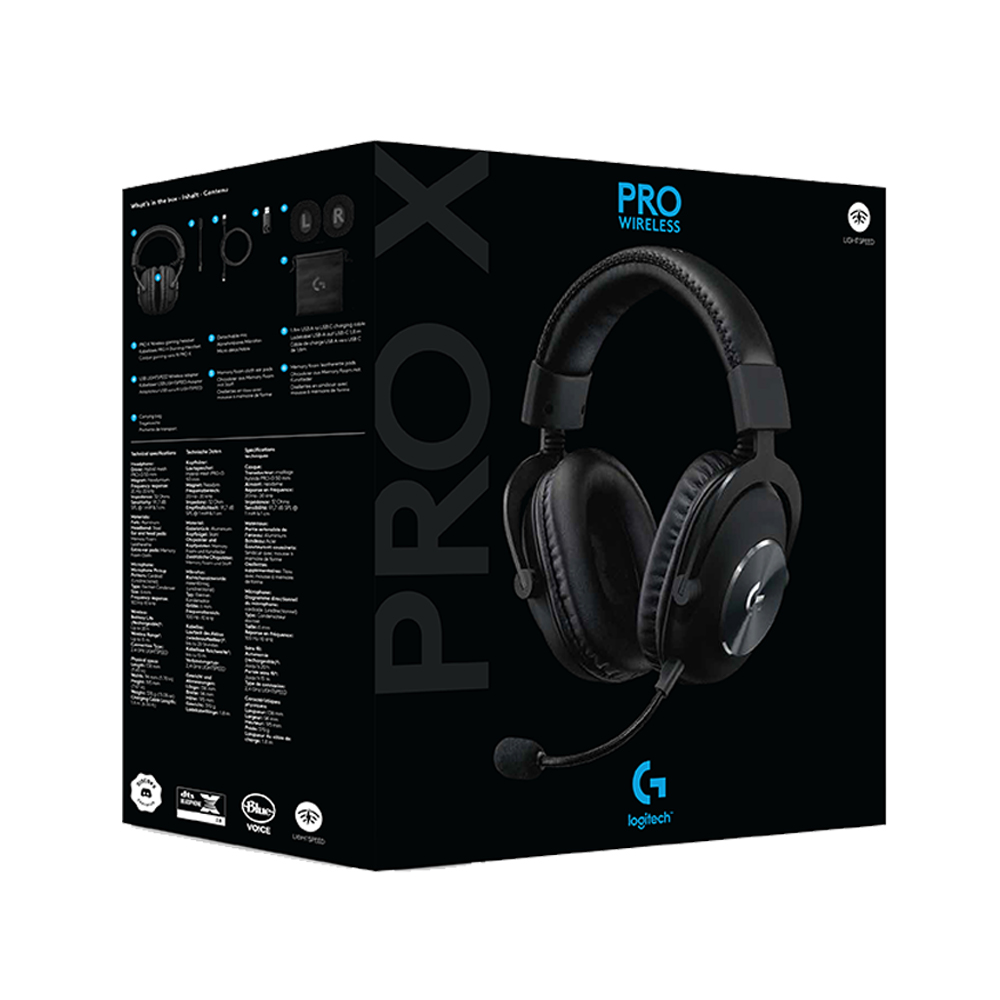 A product box for the Logitech Pro X Wireless headset, showing the headset and accessories.
