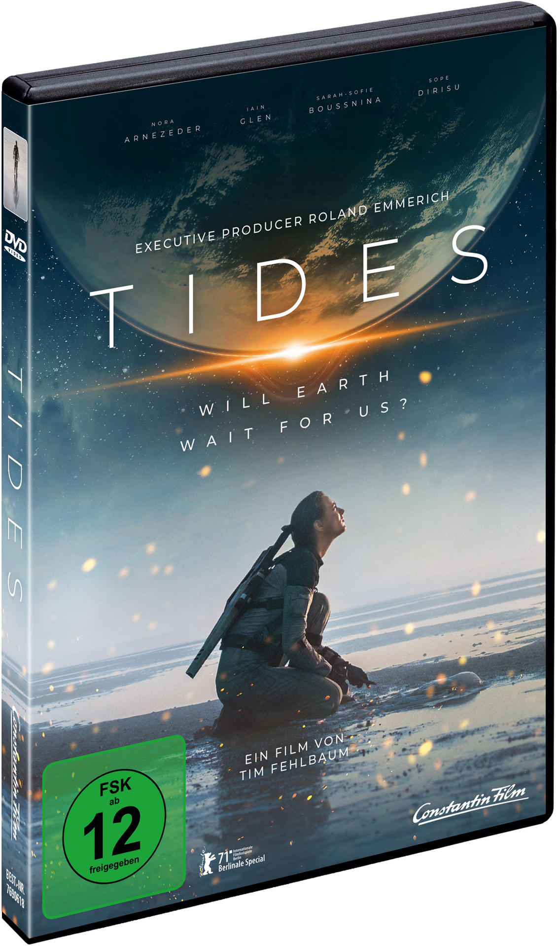 DVD-Cover des Films 'Tides', das eine Frau zeigt, die zu einem Planeten blickt.