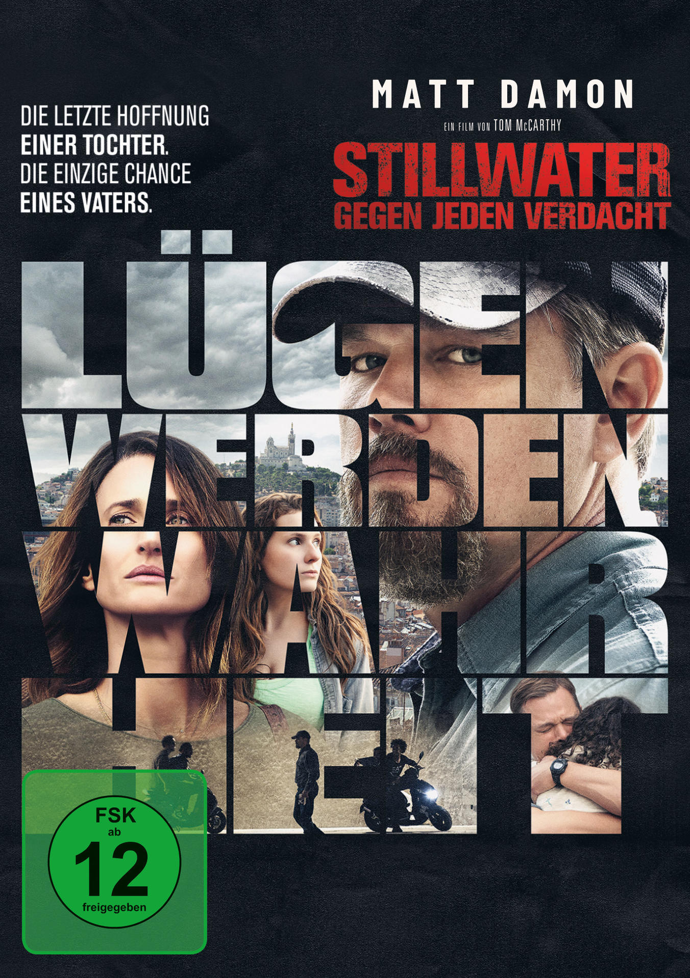 Stillwater-Filmplakat. Matt Damon und andere Schauspieler, eine Stadtszene und ein grünes Rating-Logo.
