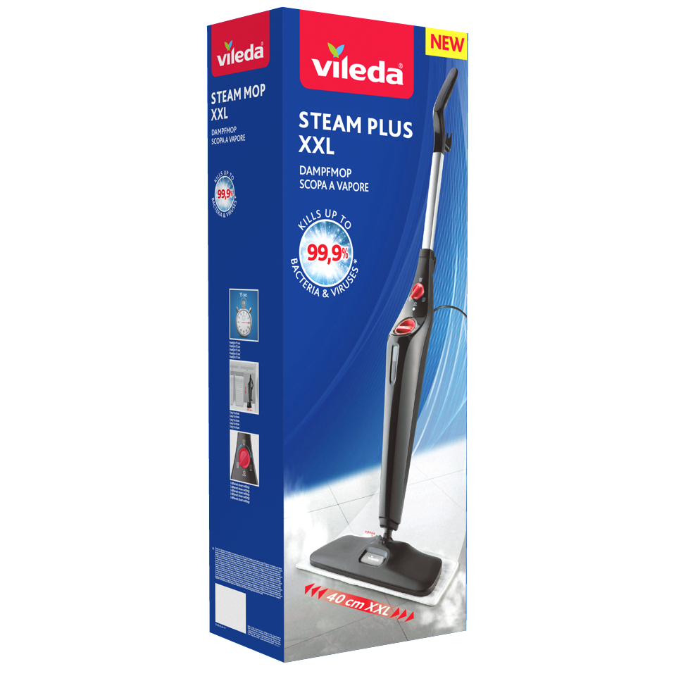 Verpackte Vileda Dampfmopp XXL. Schwarzer und weißer Mopp, rote Akzente und Produktinfo auf der Box.