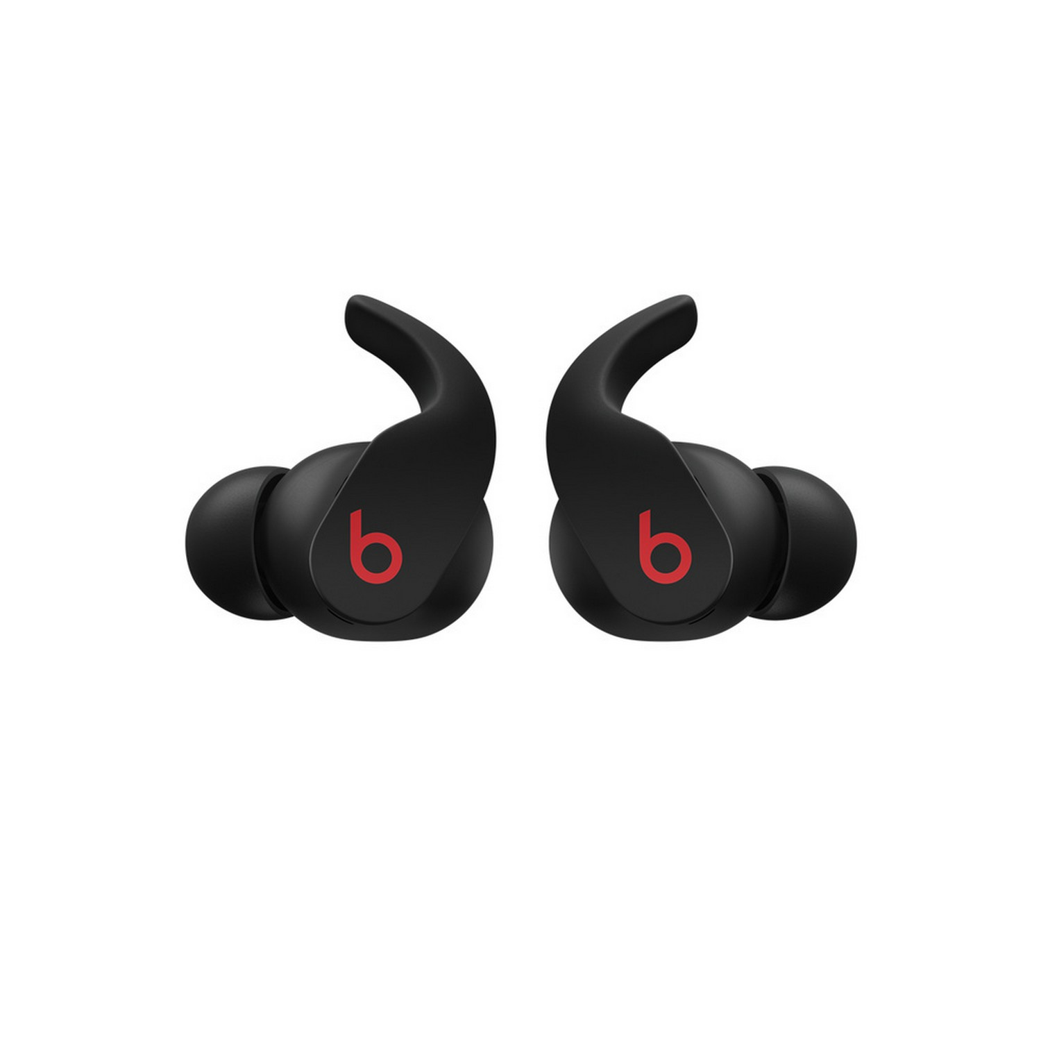 Par de auriculares Beats negros. Logotipo 'b' rojo en cada uno. Fondo blanco.