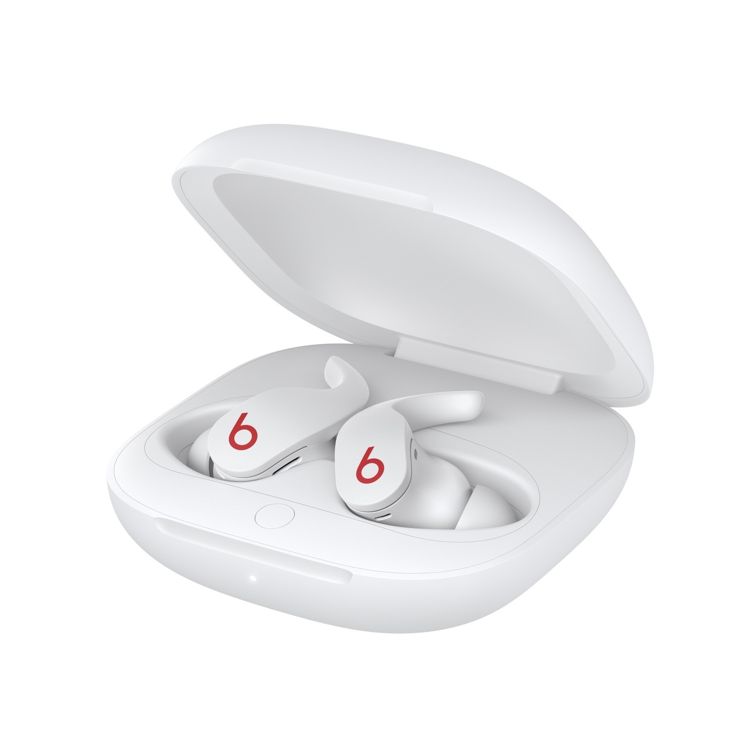 Un estuche de carga blanco con dos auriculares blancos dentro, sobre un fondo blanco.