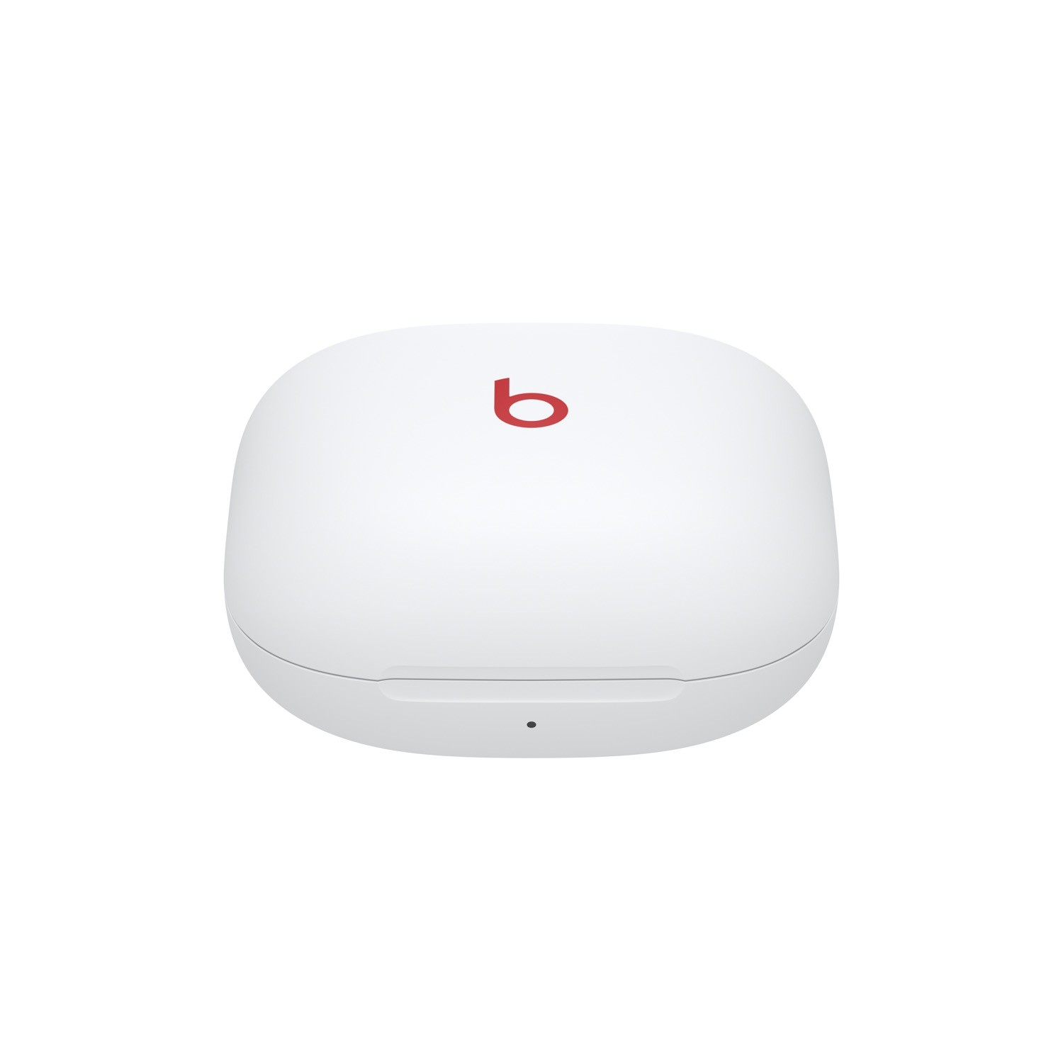 Estuche blanco de Beats Studio Buds con 'b' rojo. Aislado sobre fondo blanco.