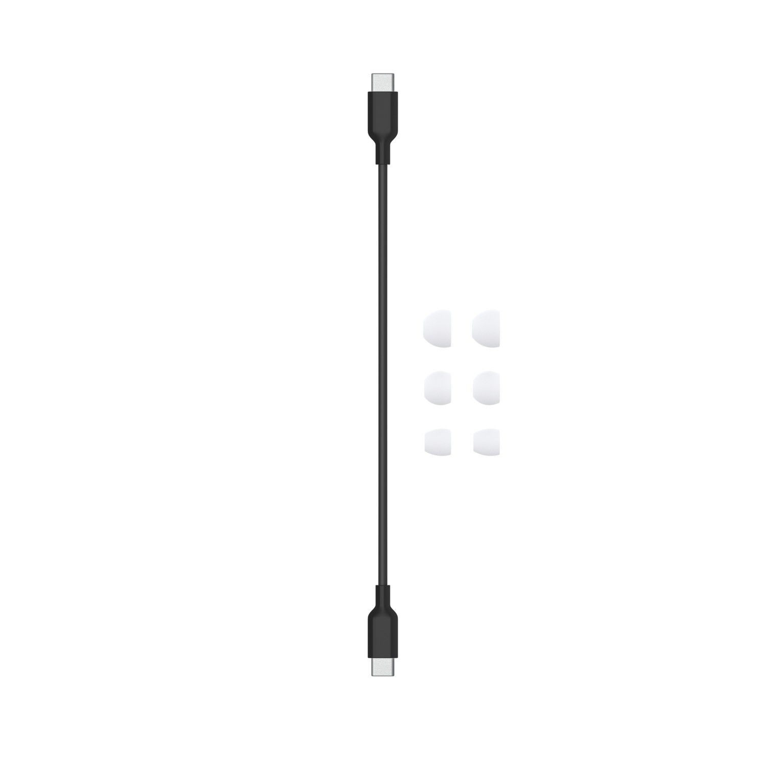 Cable USB-C negro y puntas de oído blancas. Los artículos están sobre un fondo blanco.