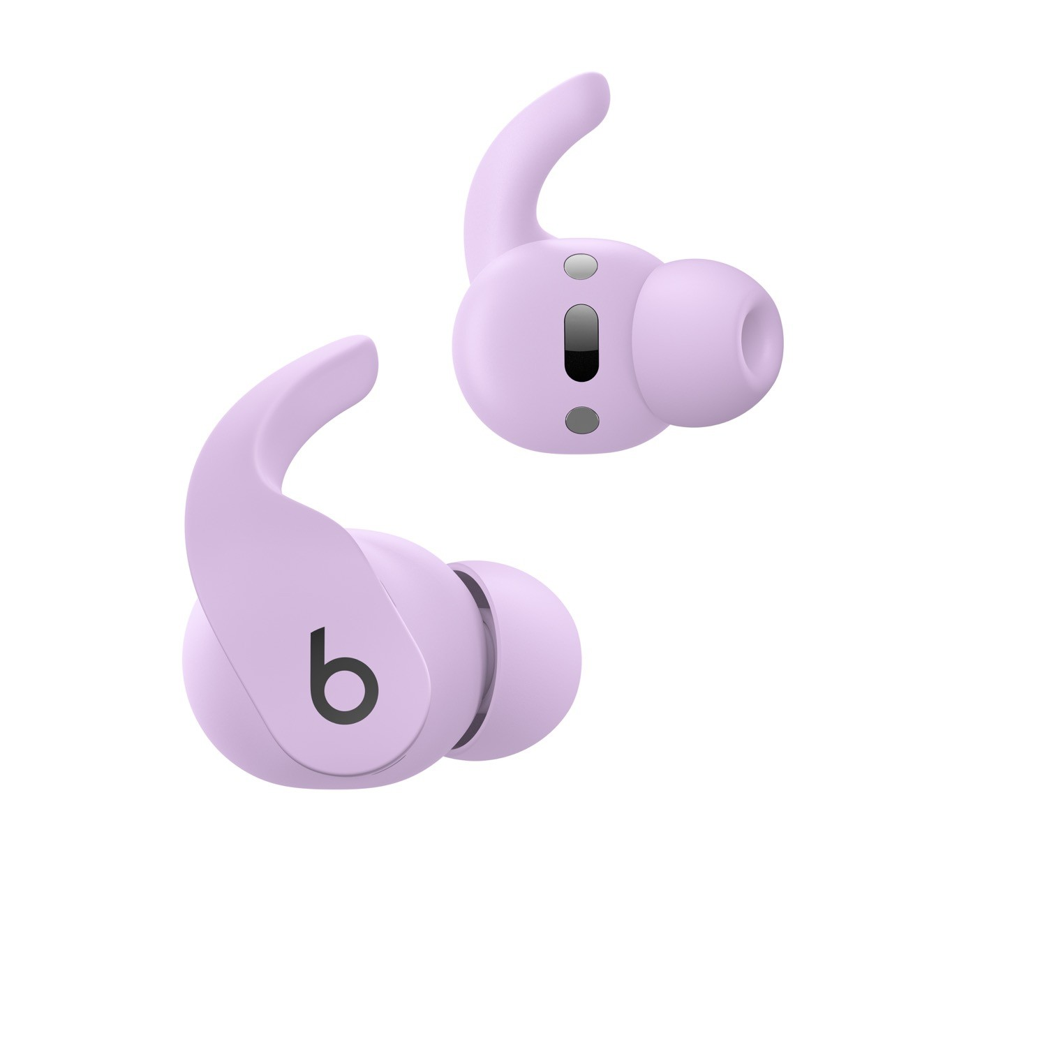 Dos auriculares inalámbricos lavanda, primer plano sobre fondo blanco. Se muestra la forma de los auriculares.