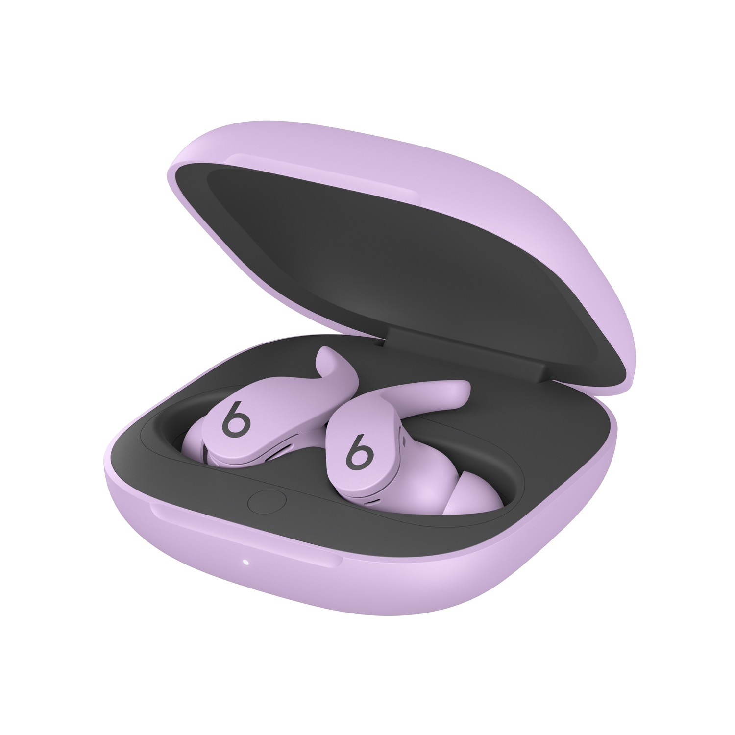 Auriculares y su estuche de carga. Ambos son de color lavanda y están abiertos.