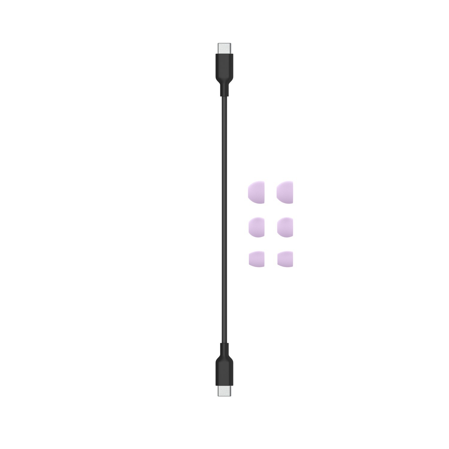 Cable USB-C negro con auriculares y puntas adicionales.